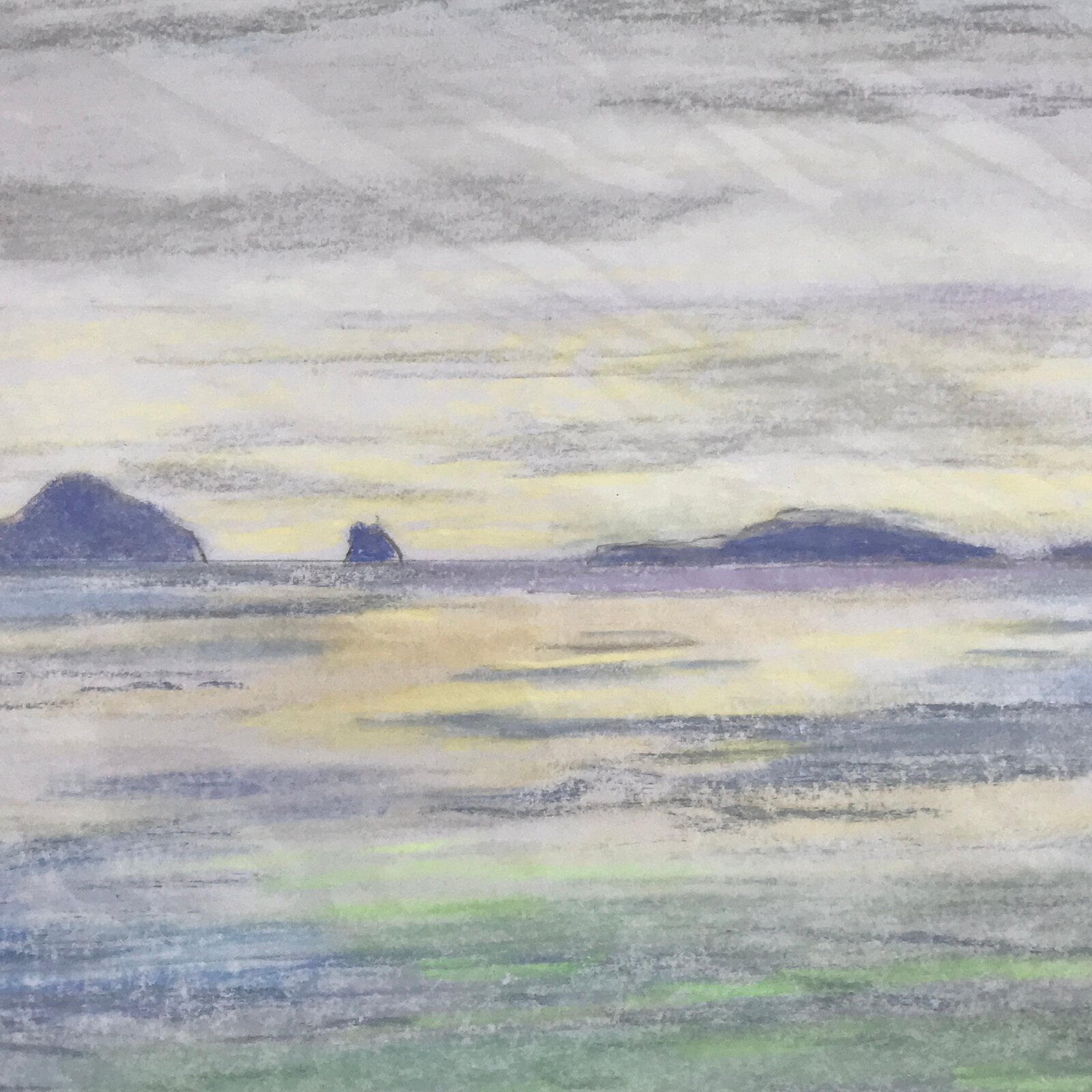 Japanese Ocean Island At Sunset Pastel Drawing Art Signed Yoshihiro Hagino FL310