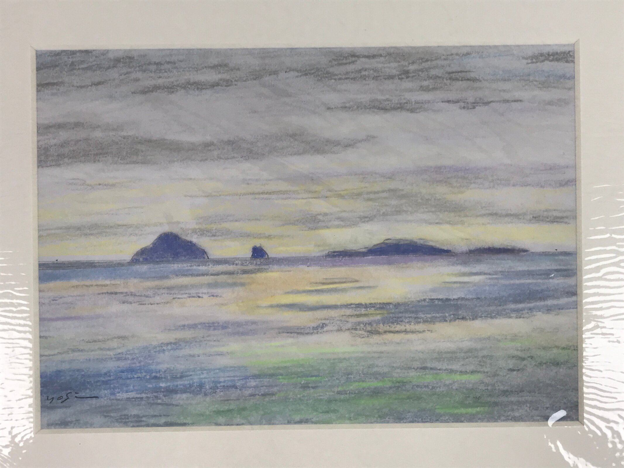 Japanese Ocean Island At Sunset Pastel Drawing Art Signed Yoshihiro Hagino FL310