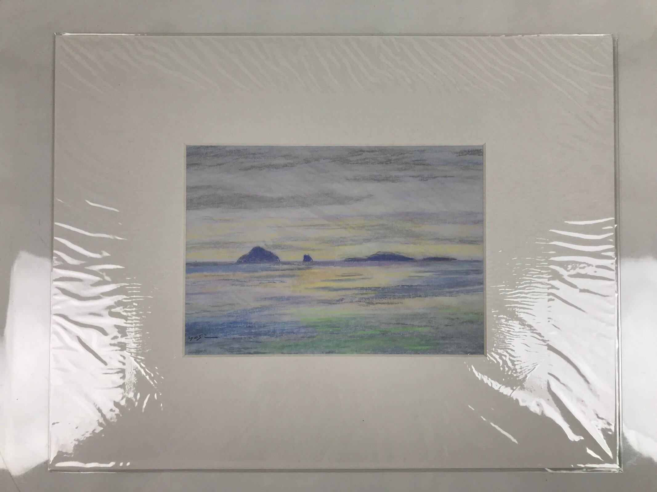 Japanese Ocean Island At Sunset Pastel Drawing Art Signed Yoshihiro Hagino FL310