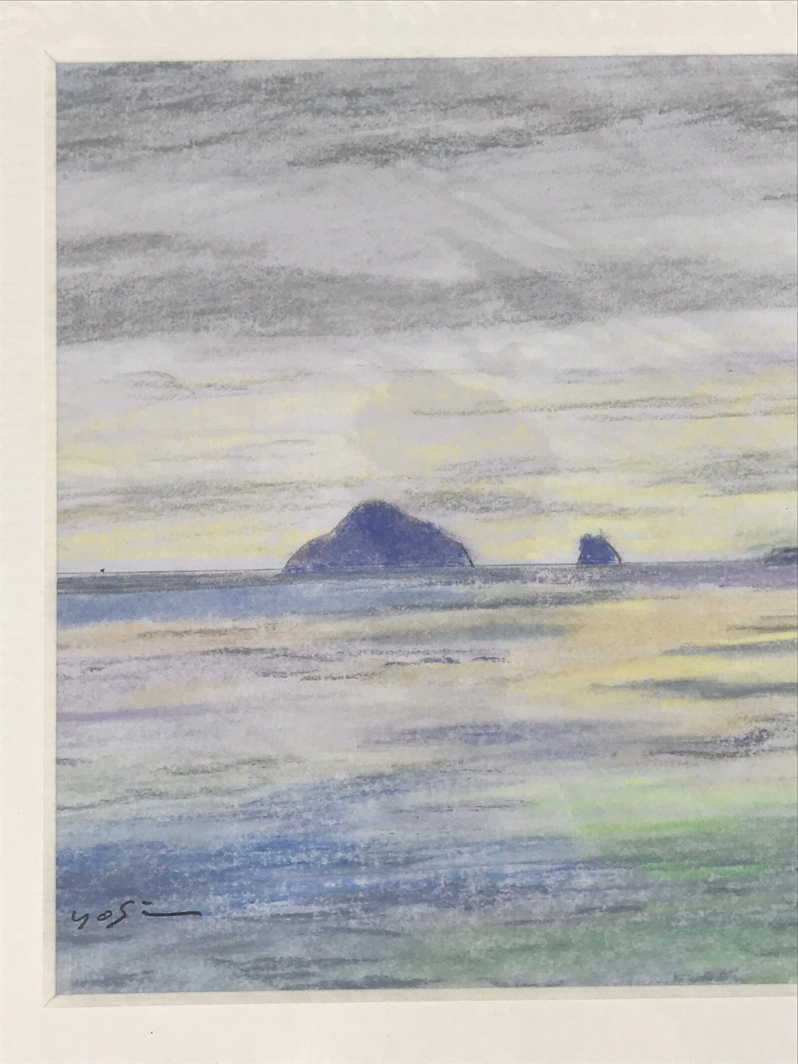Japanese Ocean Island At Sunset Pastel Drawing Art Signed Yoshihiro Hagino FL310