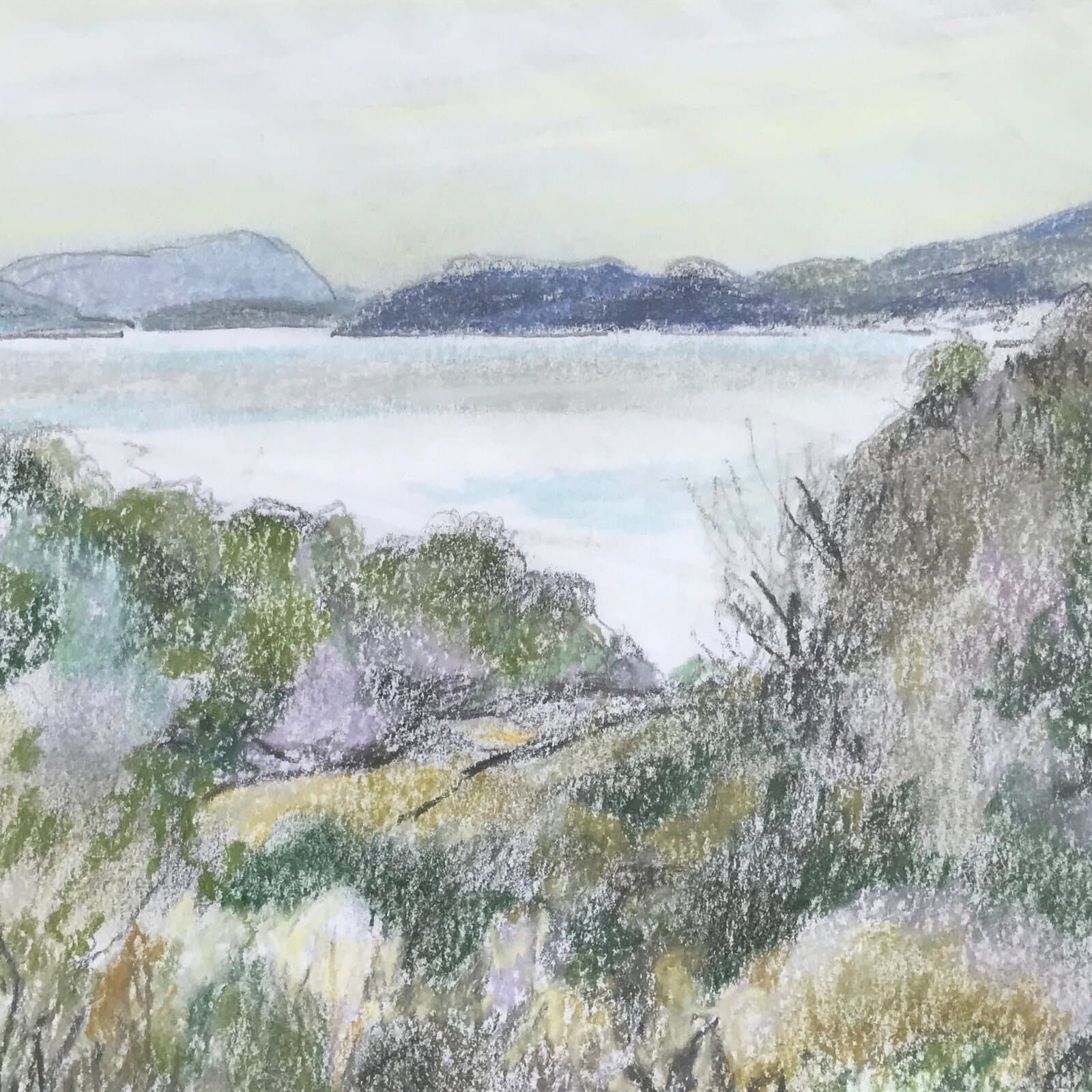 Japanese Ocean View Landscape Pastel Drawing Original Art Unsigned FL309