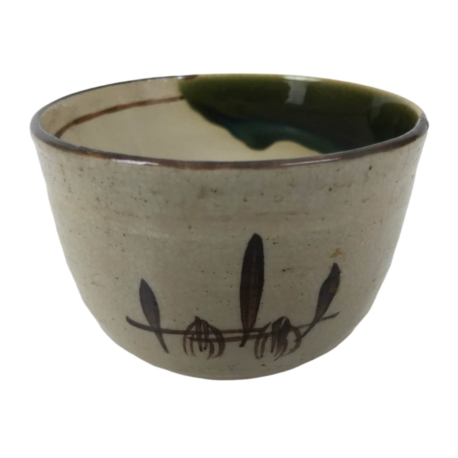 Japanese Oribe Ware Ceramic Yunomi Teacup Vtg Pottery Beige Green Yakimono TC560