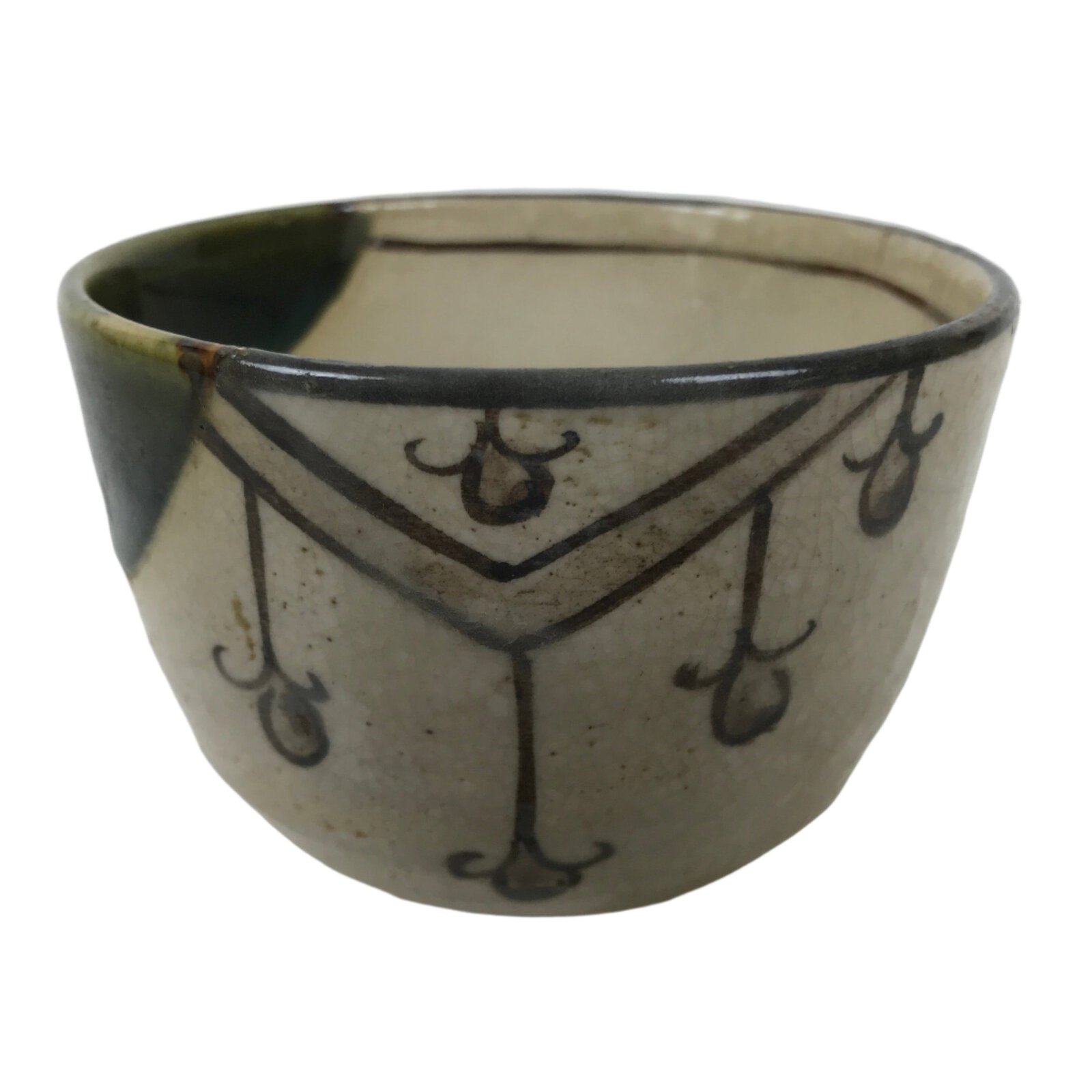 Japanese Oribe Ware Ceramic Yunomi Teacup Vtg Pottery Beige Green Yakimono TC561