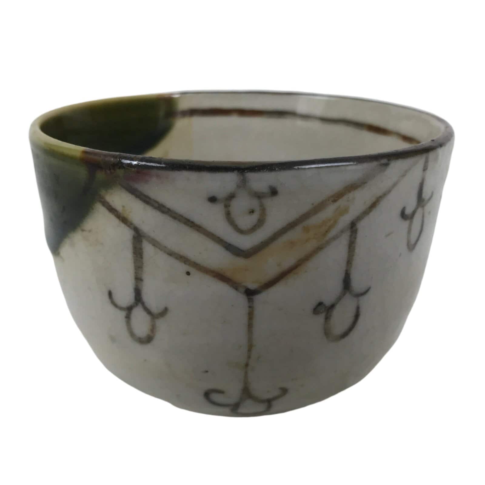 Japanese Oribe Ware Ceramic Yunomi Teacup Vtg Pottery Beige Green Yakimono TC562