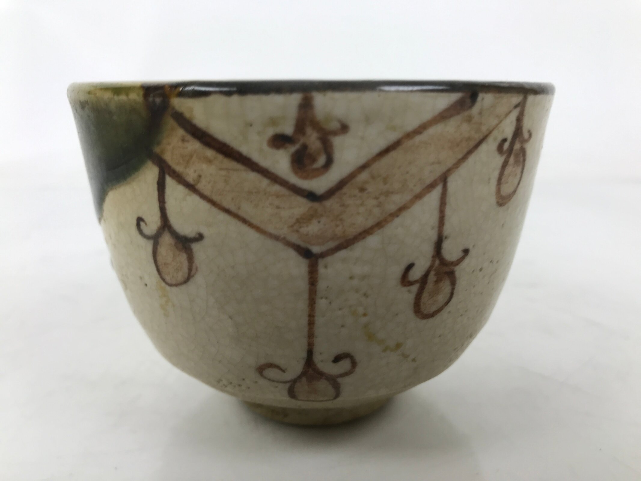 Japanese Oribe Ware Ceramic Yunomi Teacup Vtg Pottery Beige Green Yakimono TC563
