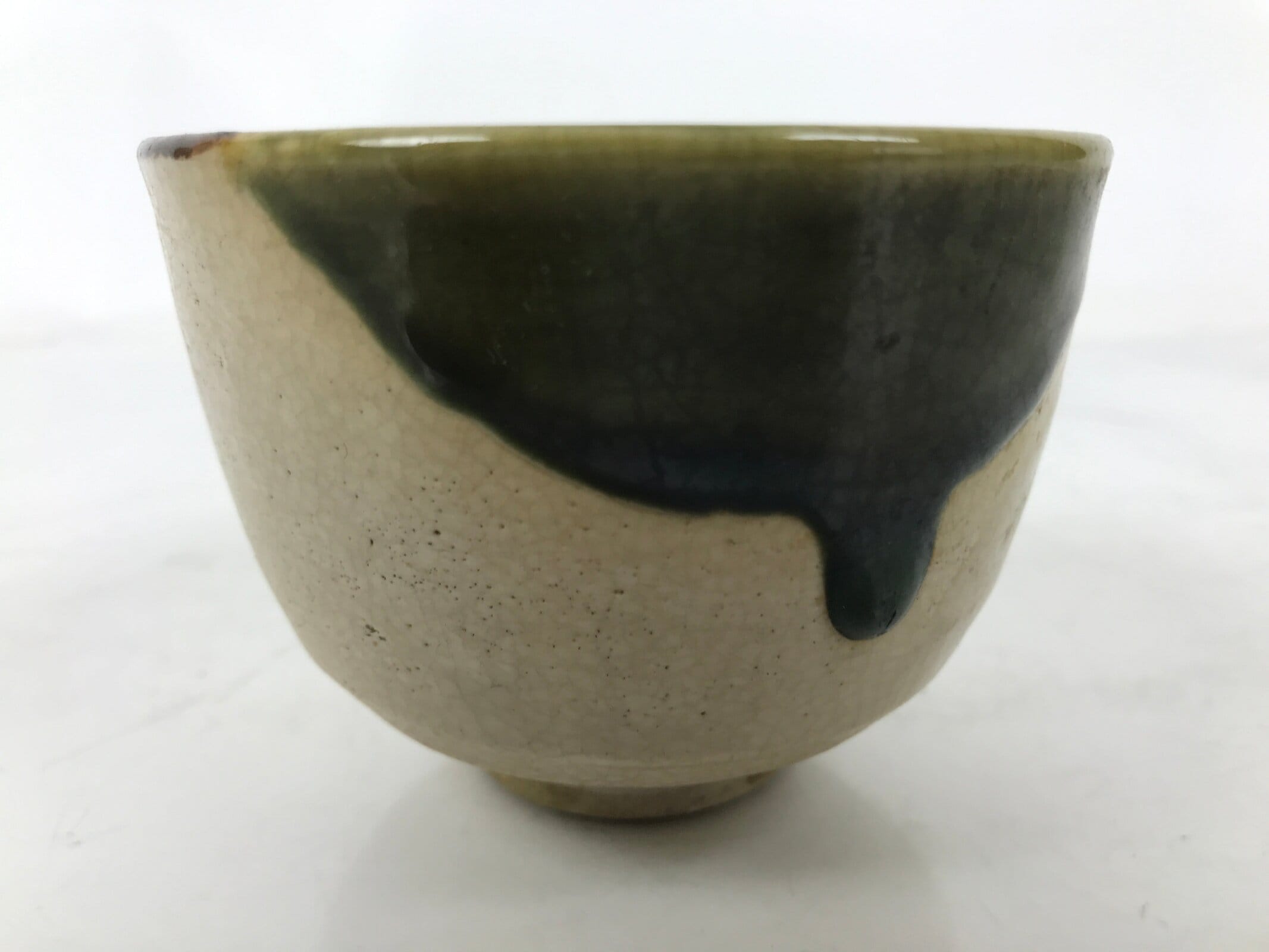 Japanese Oribe Ware Ceramic Yunomi Teacup Vtg Pottery Beige Green Yakimono TC563