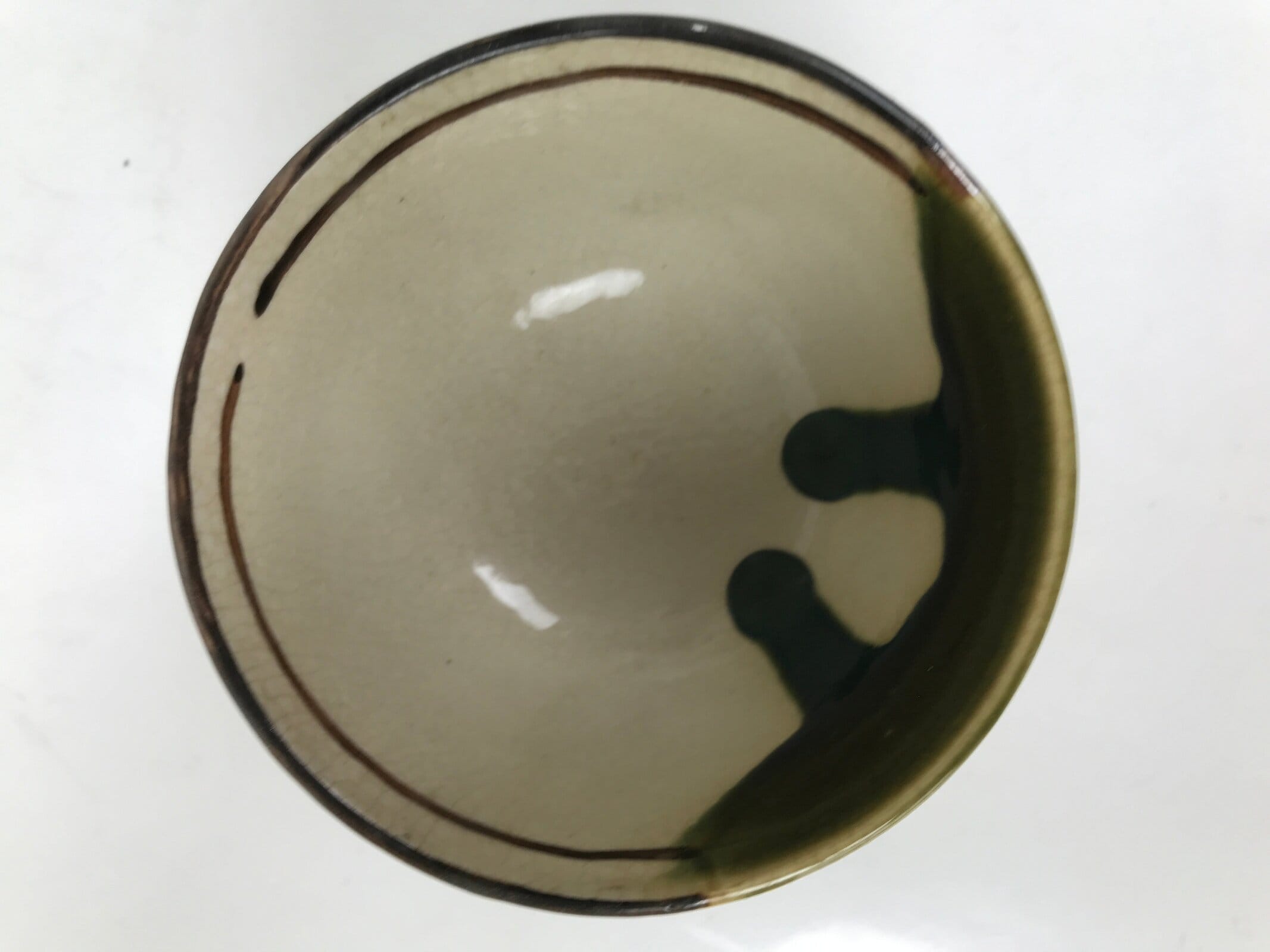 Japanese Oribe Ware Ceramic Yunomi Teacup Vtg Pottery Beige Green Yakimono TC563