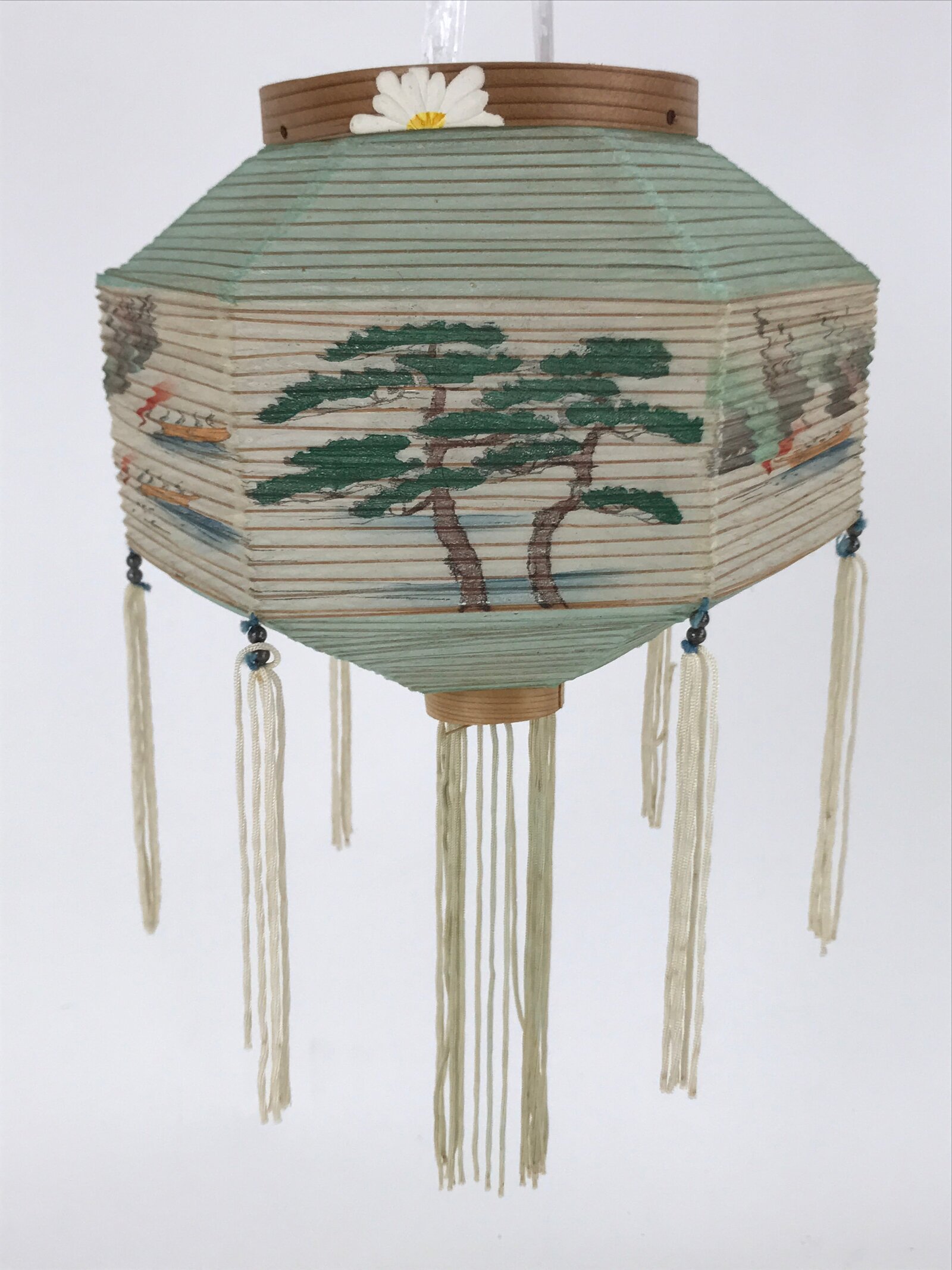 Japanese Paper Chochin Lantern Lamp Cover Vtg Trees Boats Blue White Tassel LT77