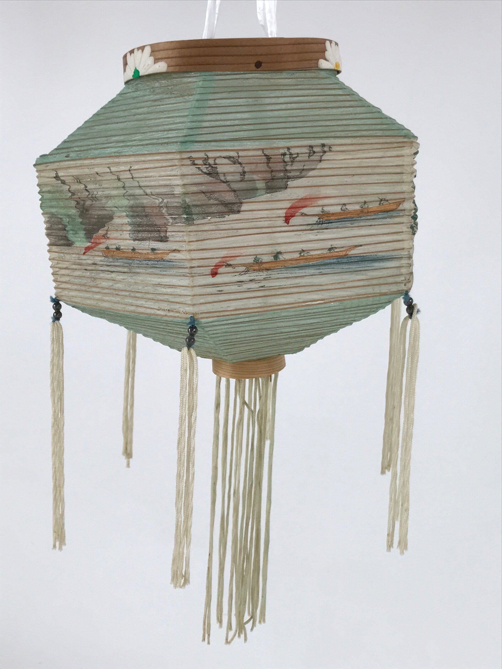 Japanese Paper Chochin Lantern Lamp Cover Vtg Trees Boats Blue White Tassel LT77