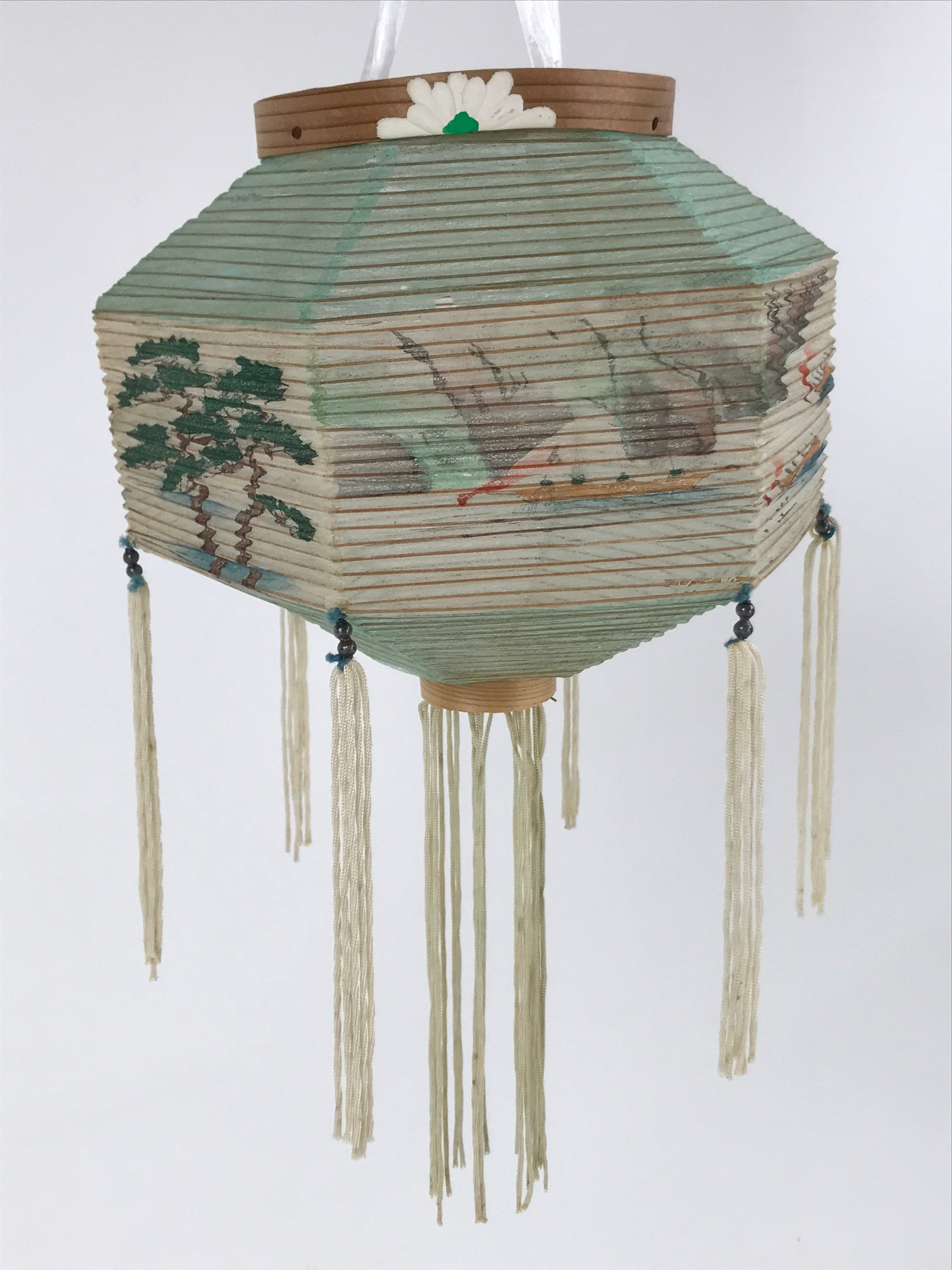 Japanese Paper Chochin Lantern Lamp Cover Vtg Trees Boats Blue White Tassel LT77