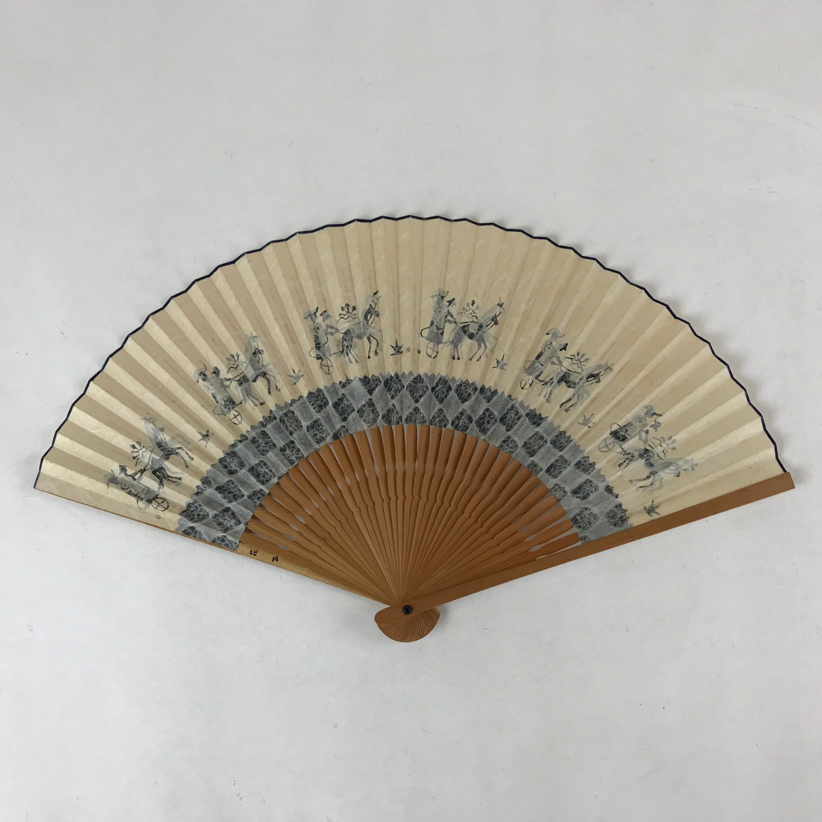 Japanese Paper Folding Fan Sensu Bamboo Frame Horses Blue Animals 4D783