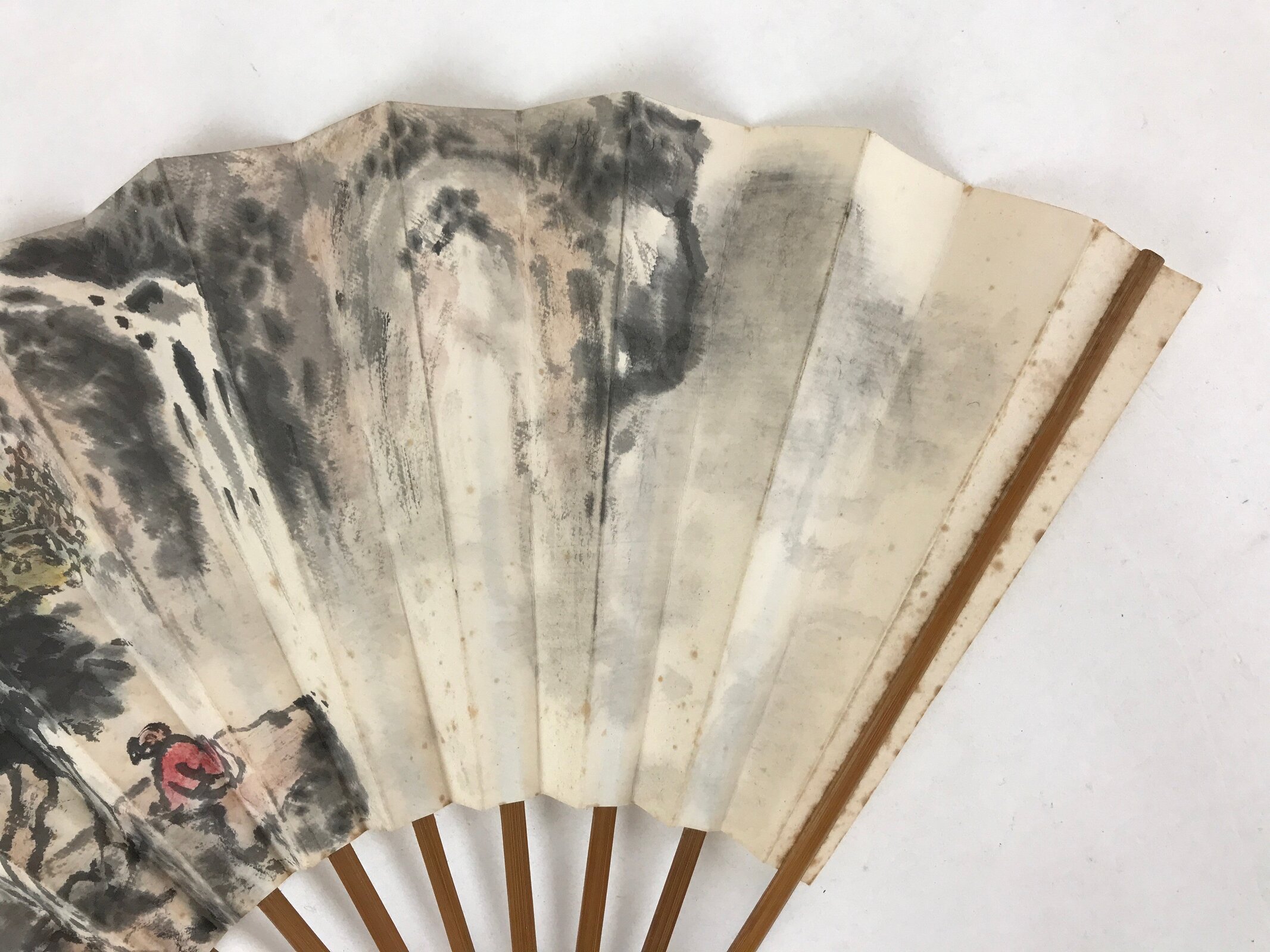 Japanese Paper Folding Fan Sensu Bamboo Frame Landscape Painting 4D776