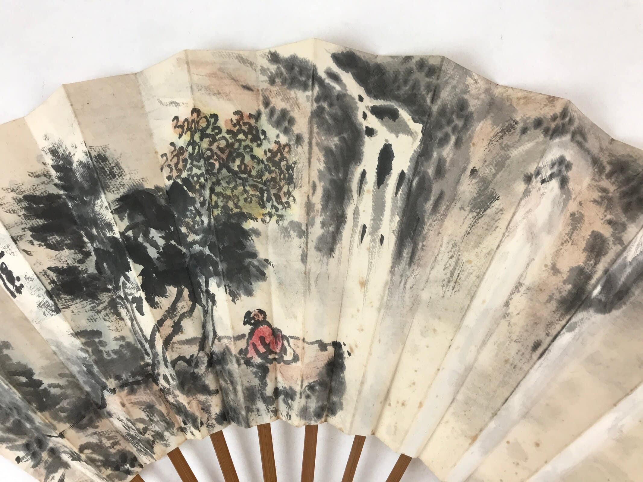 Japanese Paper Folding Fan Sensu Bamboo Frame Landscape Painting 4D776