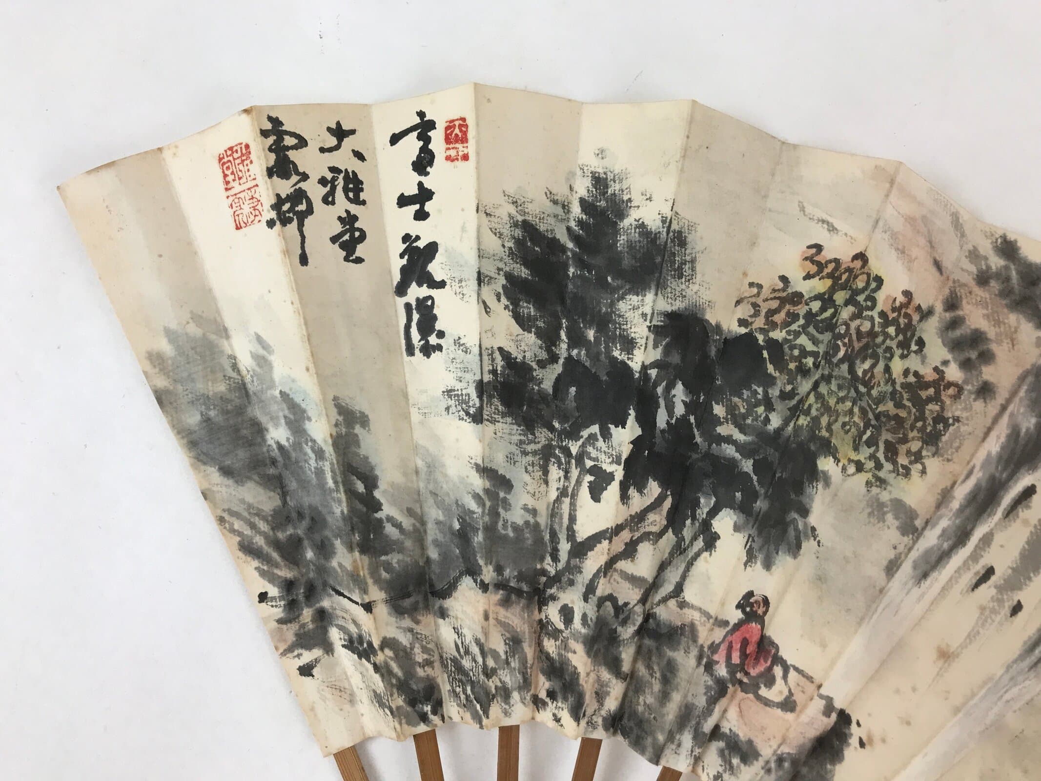 Japanese Paper Folding Fan Sensu Bamboo Frame Landscape Painting 4D776