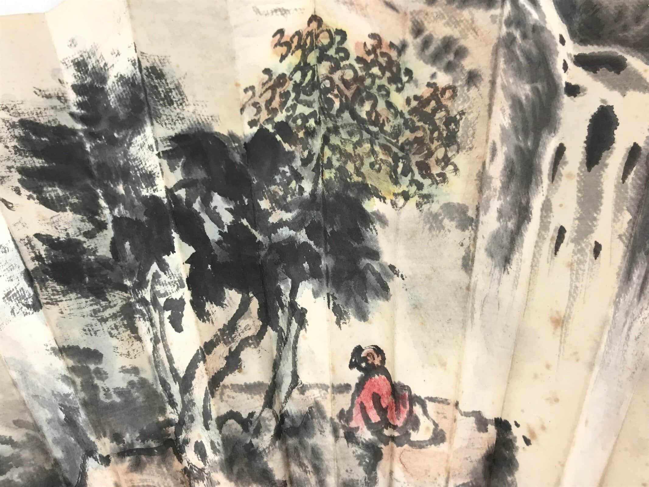 Japanese Paper Folding Fan Sensu Bamboo Frame Landscape Painting 4D776