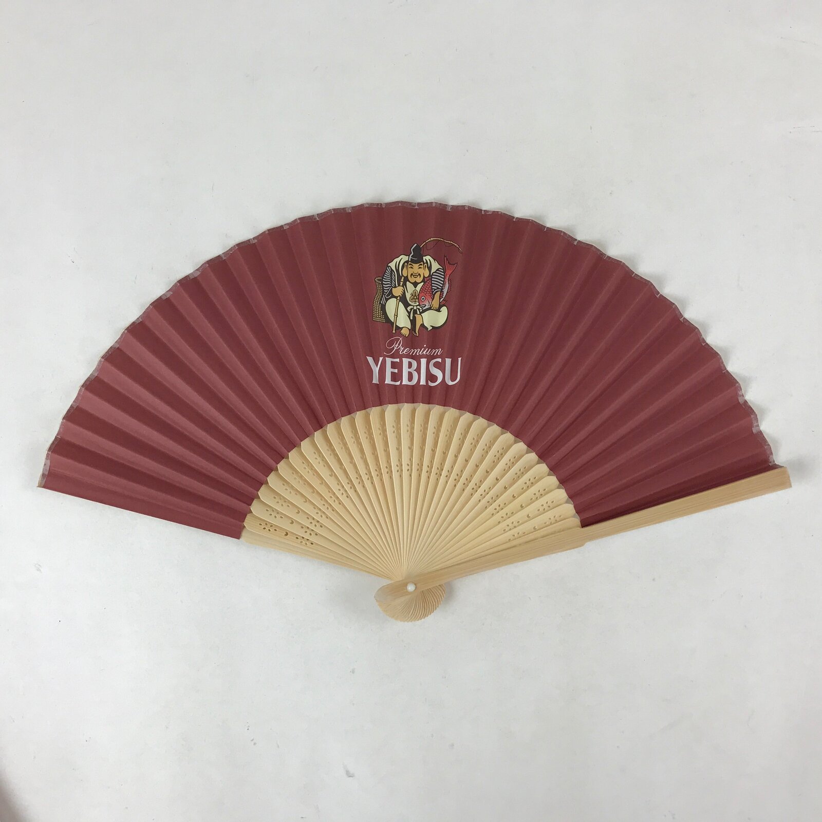 Japanese Paper Folding Fan Sensu Bamboo Frame Yebisu Beer Logo Red 4D765