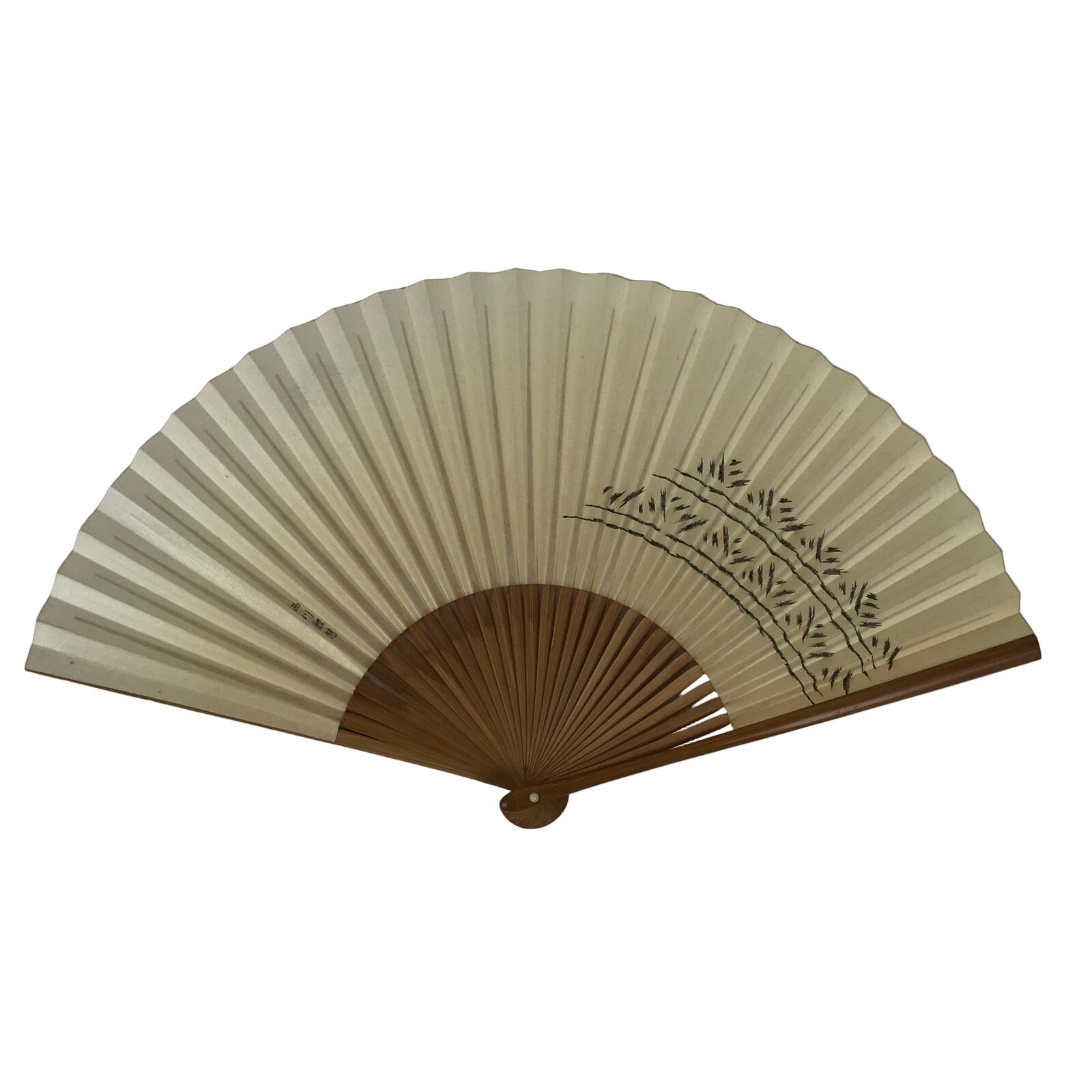 Japanese Paper Folding Fan Sensu Vtg Bamboo Frame Beige Purple Hatch Mark 4D971