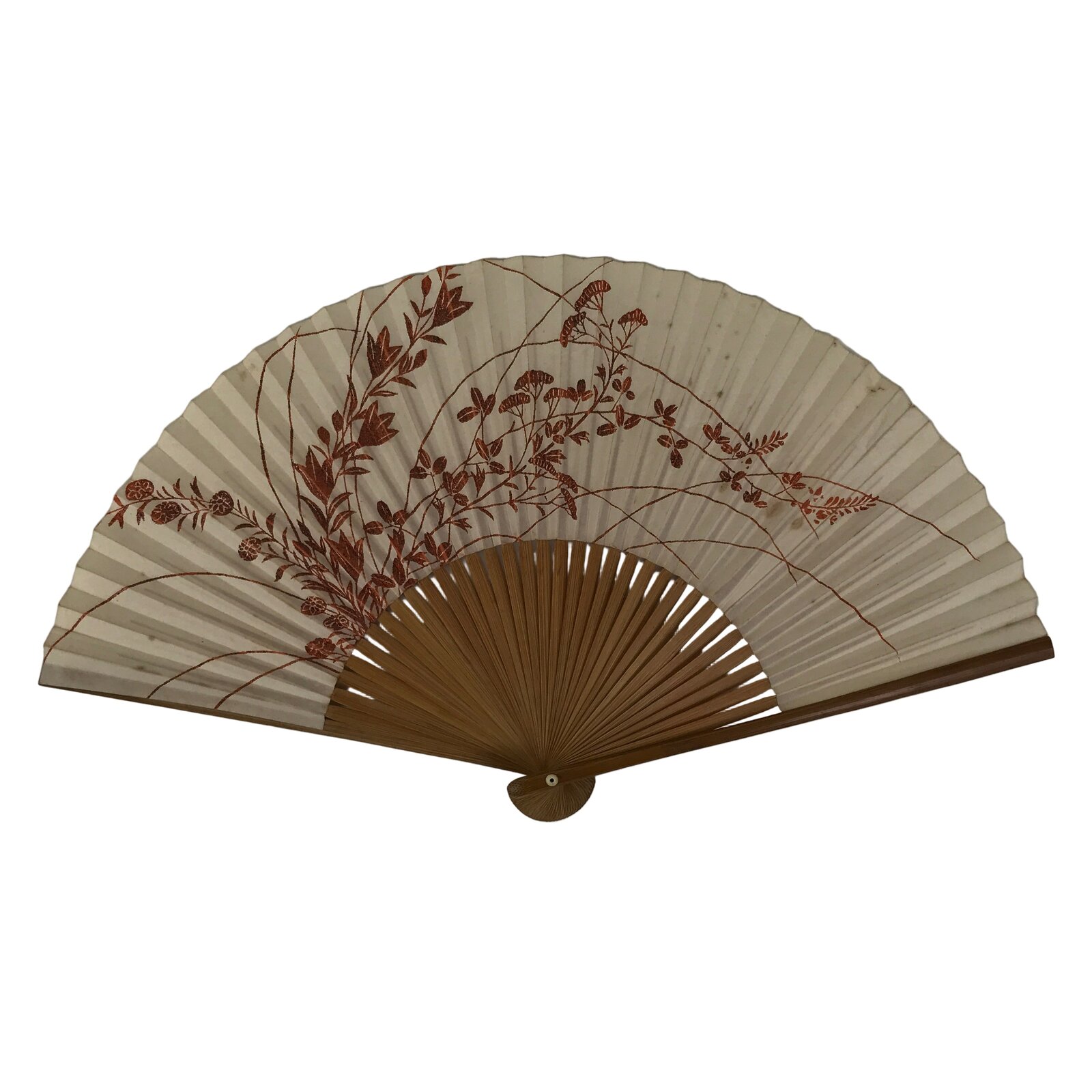 Japanese Paper Folding Fan Sensu Vtg Bamboo Frame Beige Red Sparkle Plants 4D972