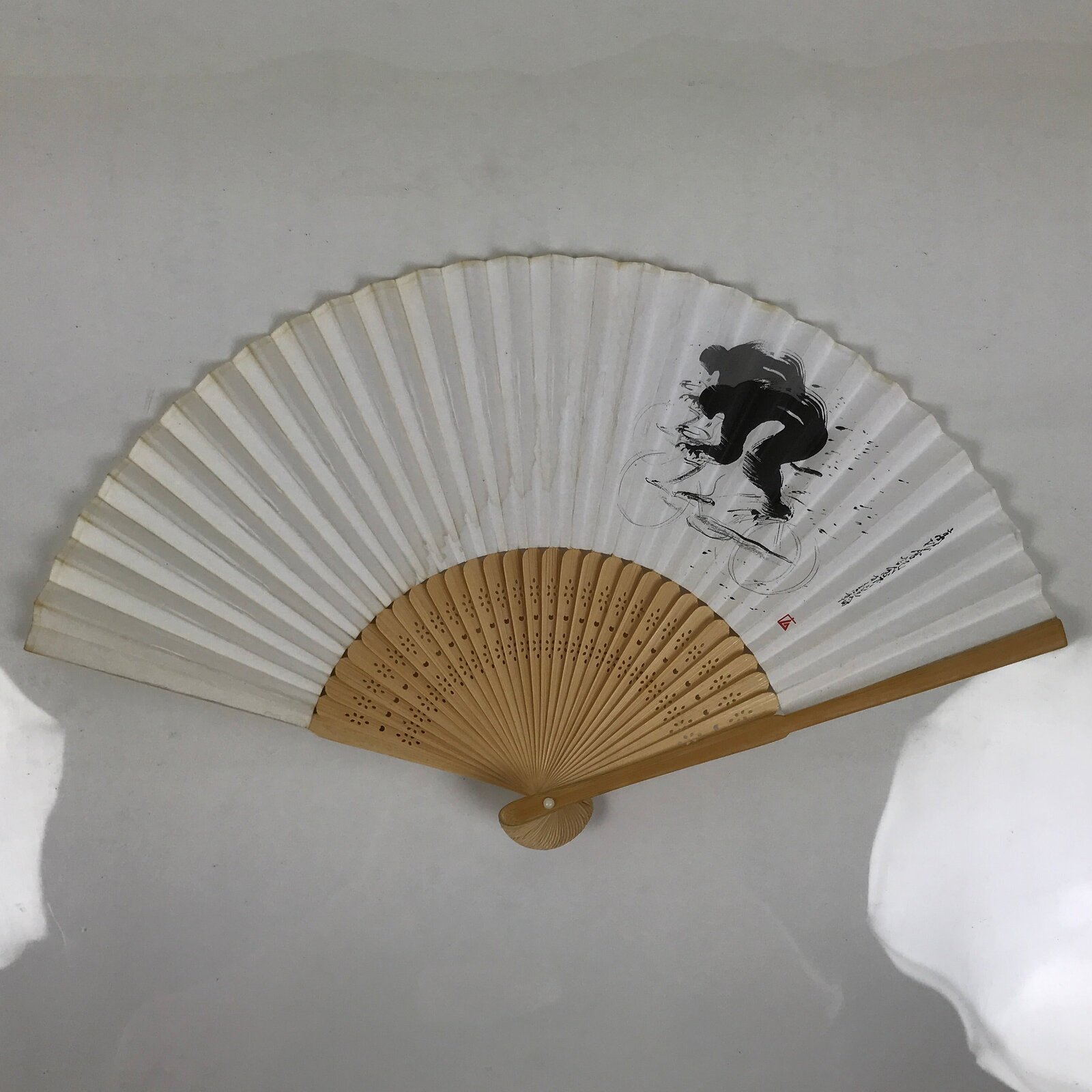 Japanese Paper Folding Fan Sensu Vtg Bamboo Frame Bicycle Racing Black 4D934