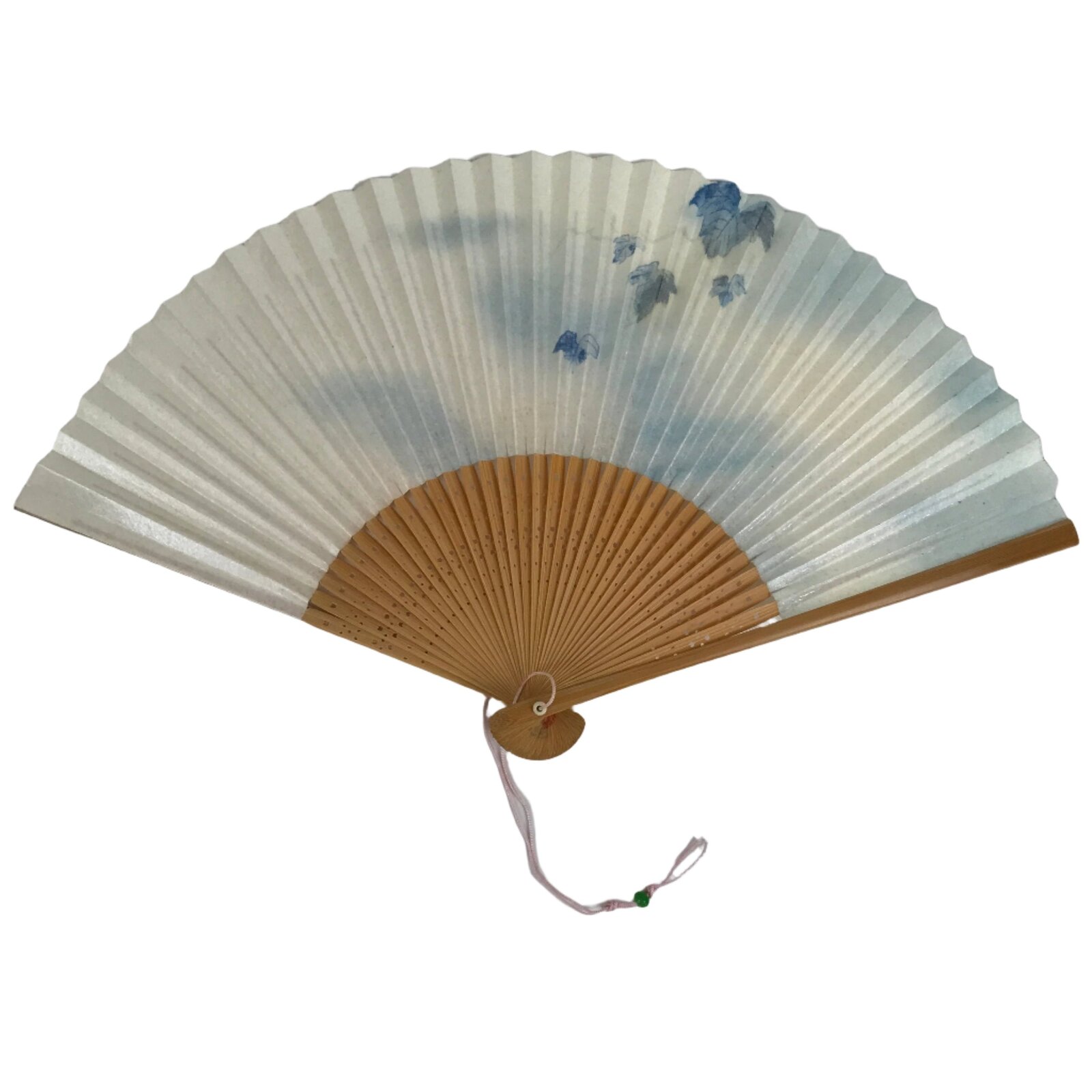 Japanese Paper Folding Fan Sensu Vtg Bamboo Frame Blue White Leaves 4D857