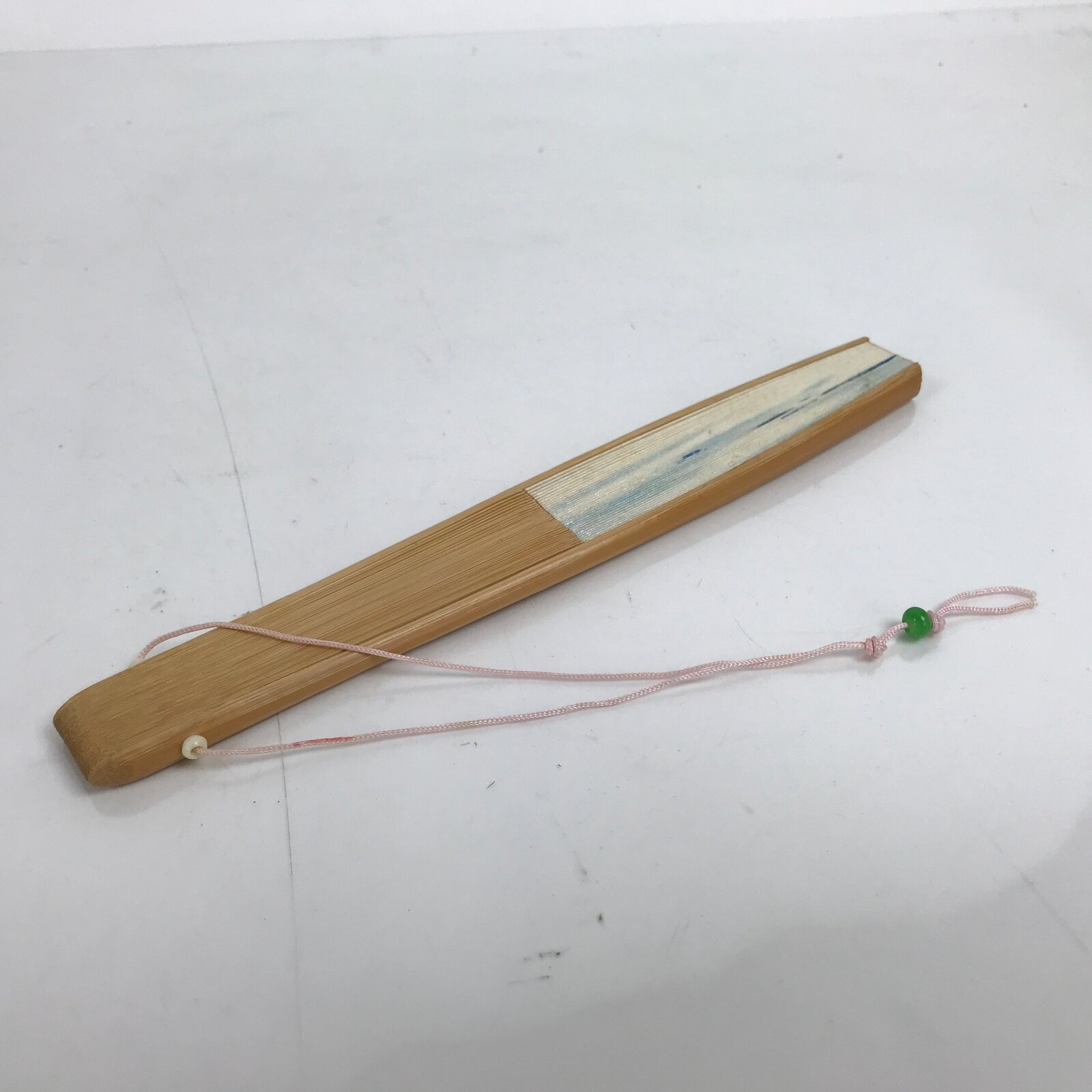 Japanese Paper Folding Fan Sensu Vtg Bamboo Frame Blue White Leaves 4D857