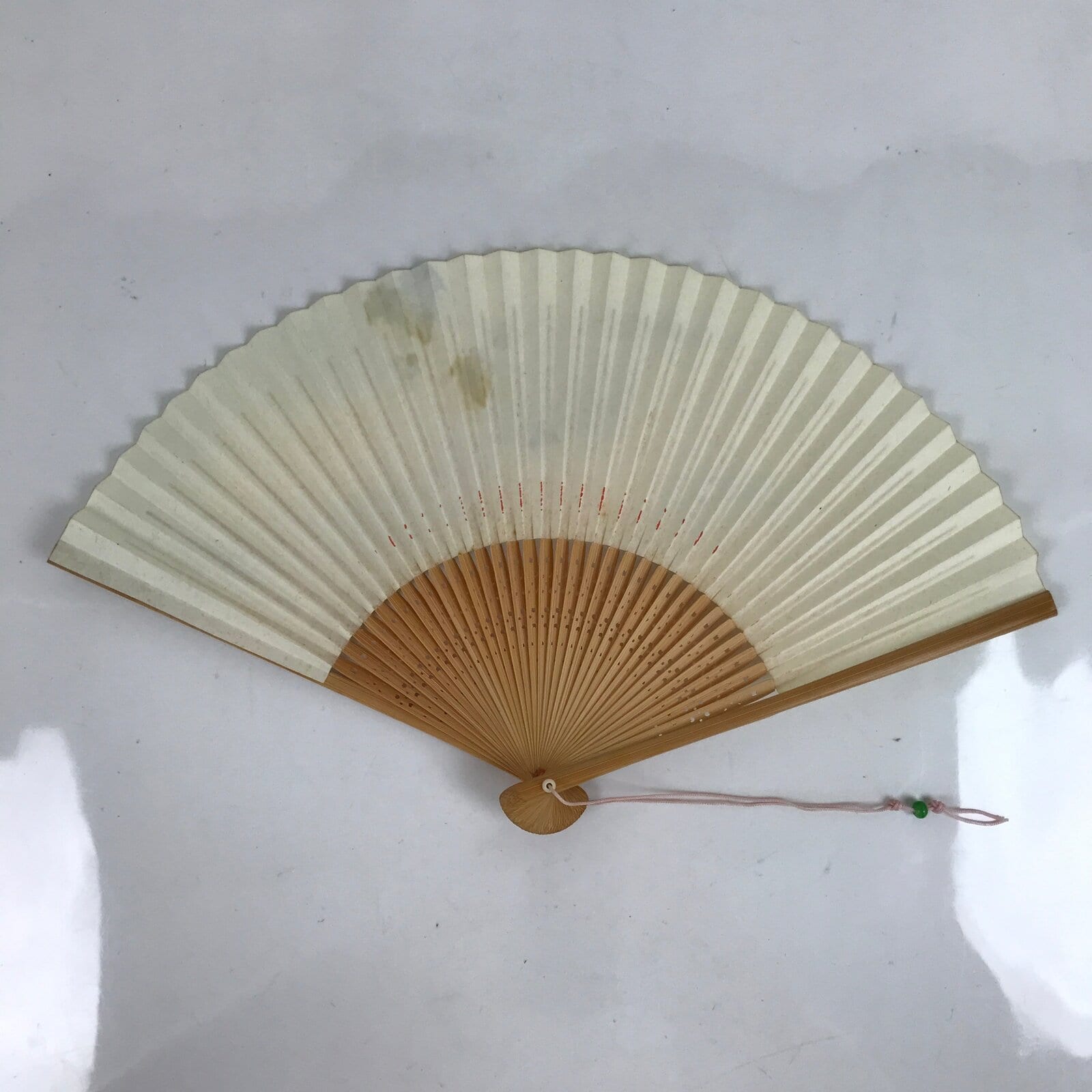 Japanese Paper Folding Fan Sensu Vtg Bamboo Frame Blue White Leaves 4D857
