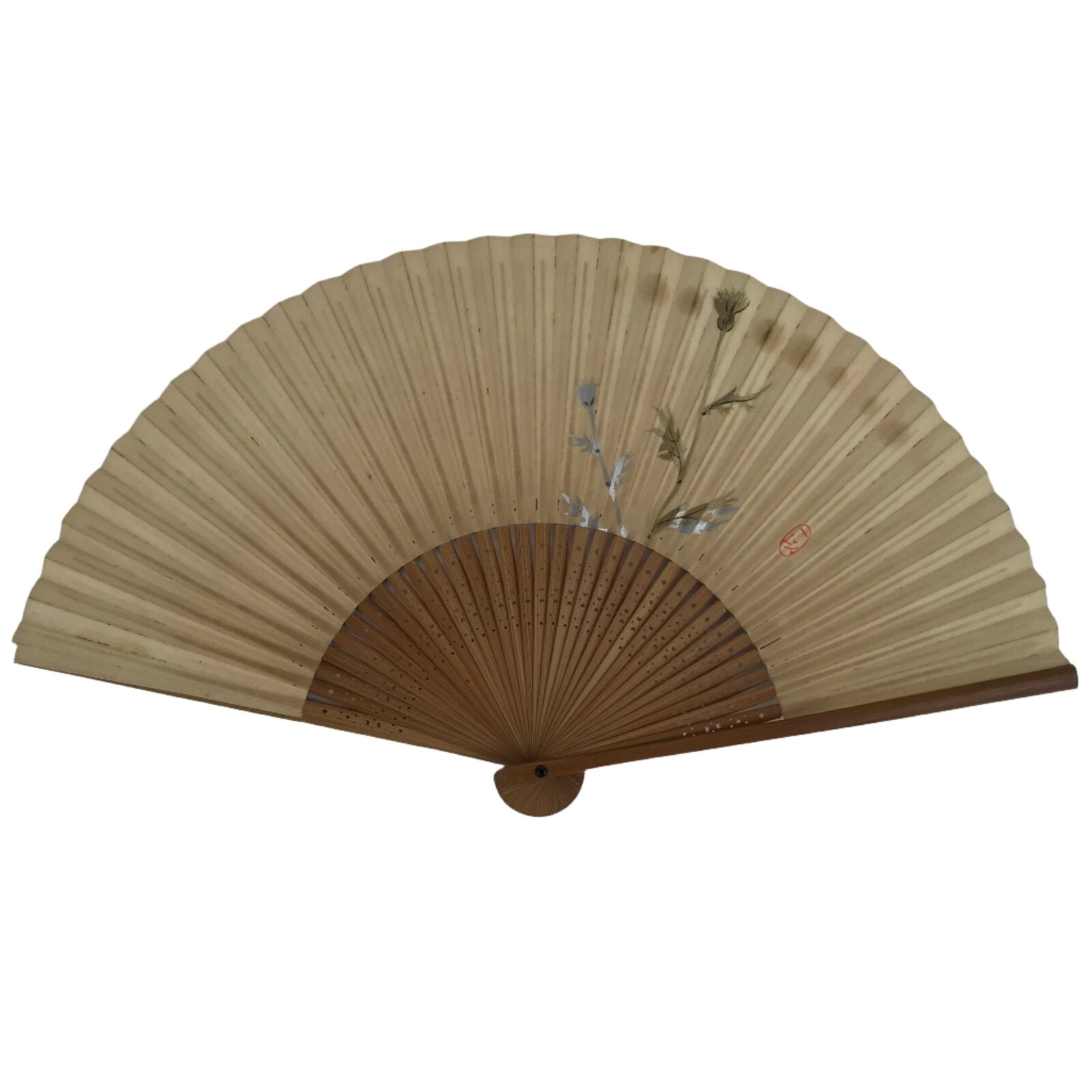 Japanese Paper Folding Fan Sensu Vtg Bamboo Frame Flowers Silver Flag 4D849