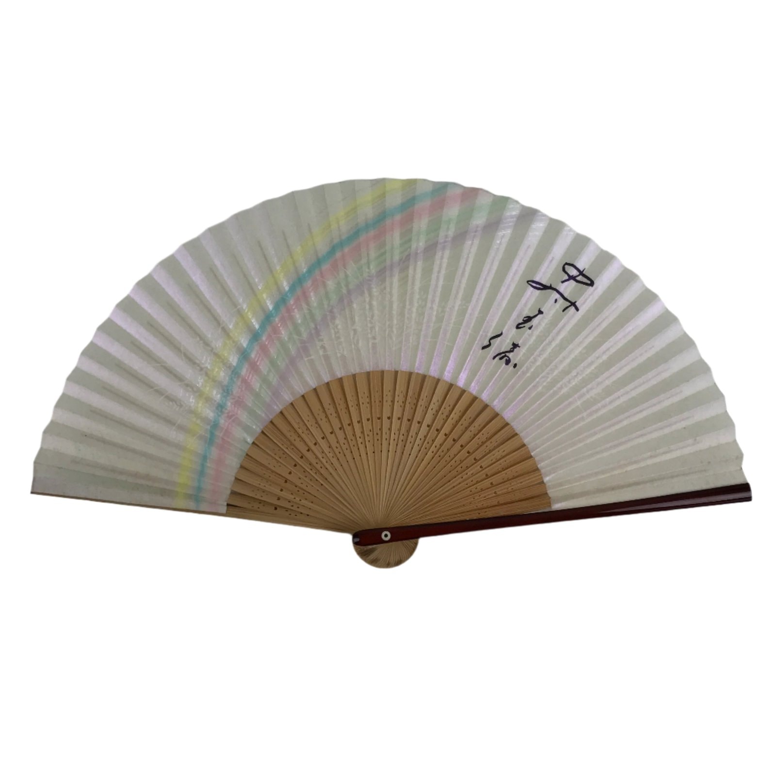 Japanese Paper Folding Fan Sensu Vtg Bamboo Frame Pastel Rainbow Lustre 4D878
