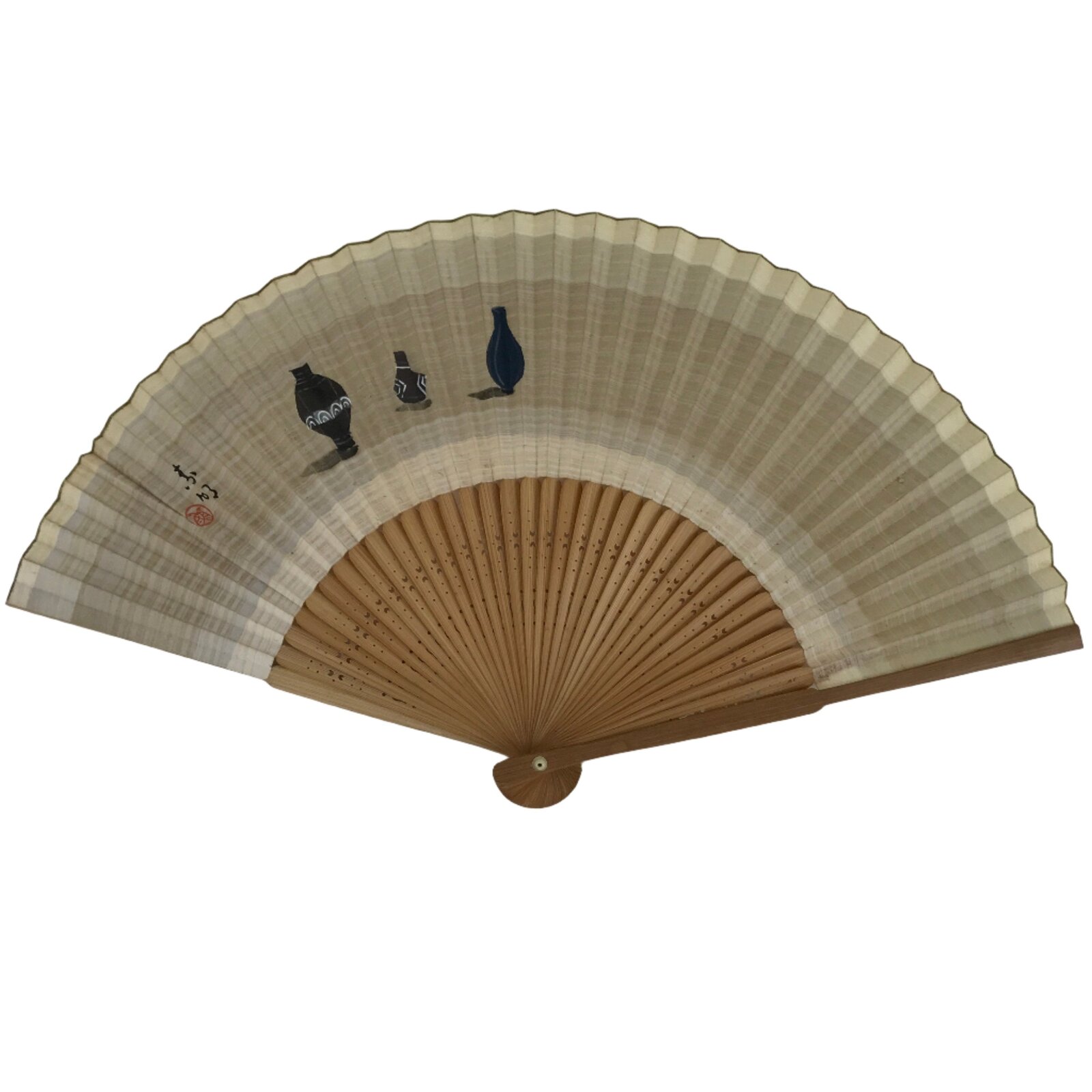Japanese Paper Folding Fan Sensu Vtg Bamboo Frame Pottery Vases Yanmar 4D846