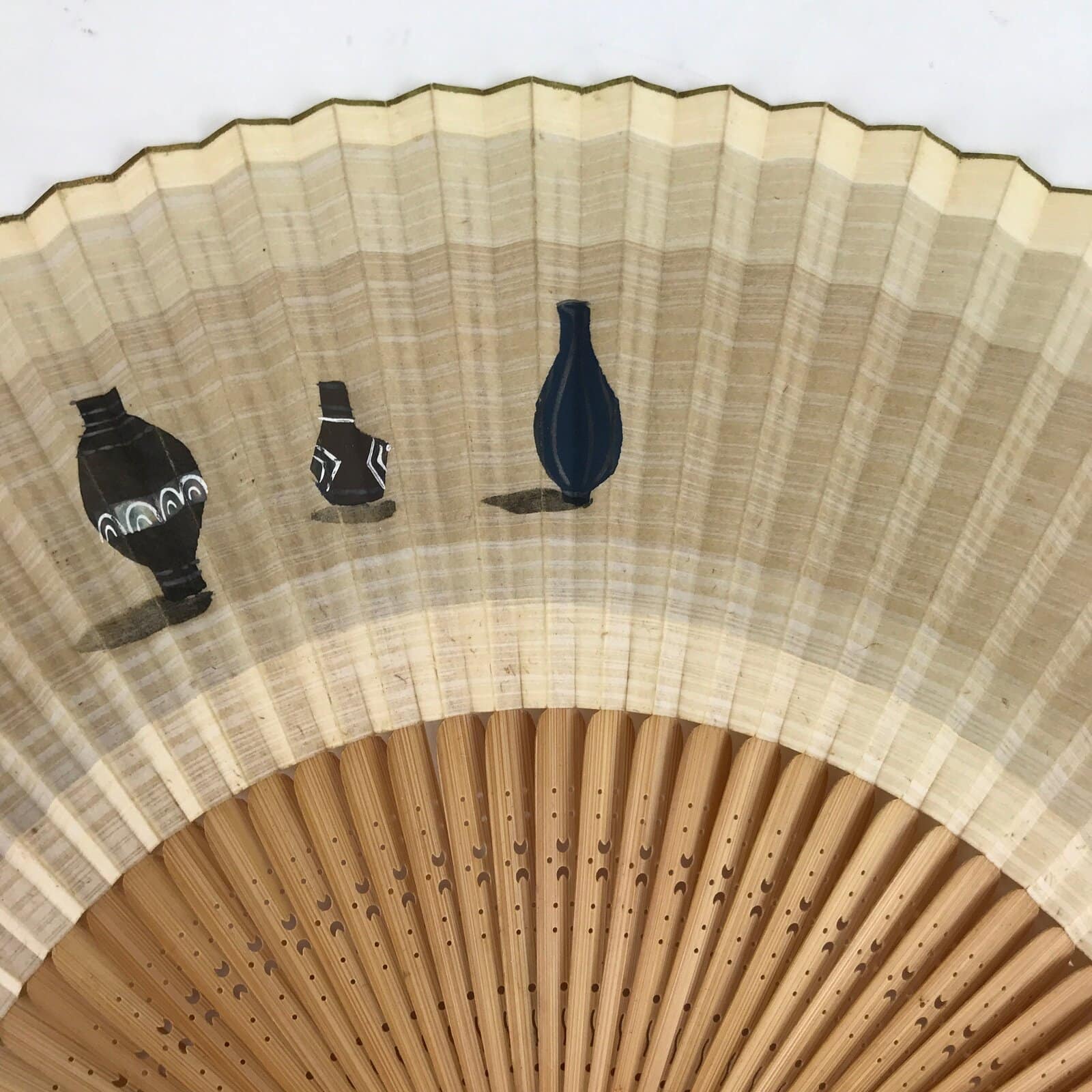 Japanese Paper Folding Fan Sensu Vtg Bamboo Frame Pottery Vases Yanmar 4D846