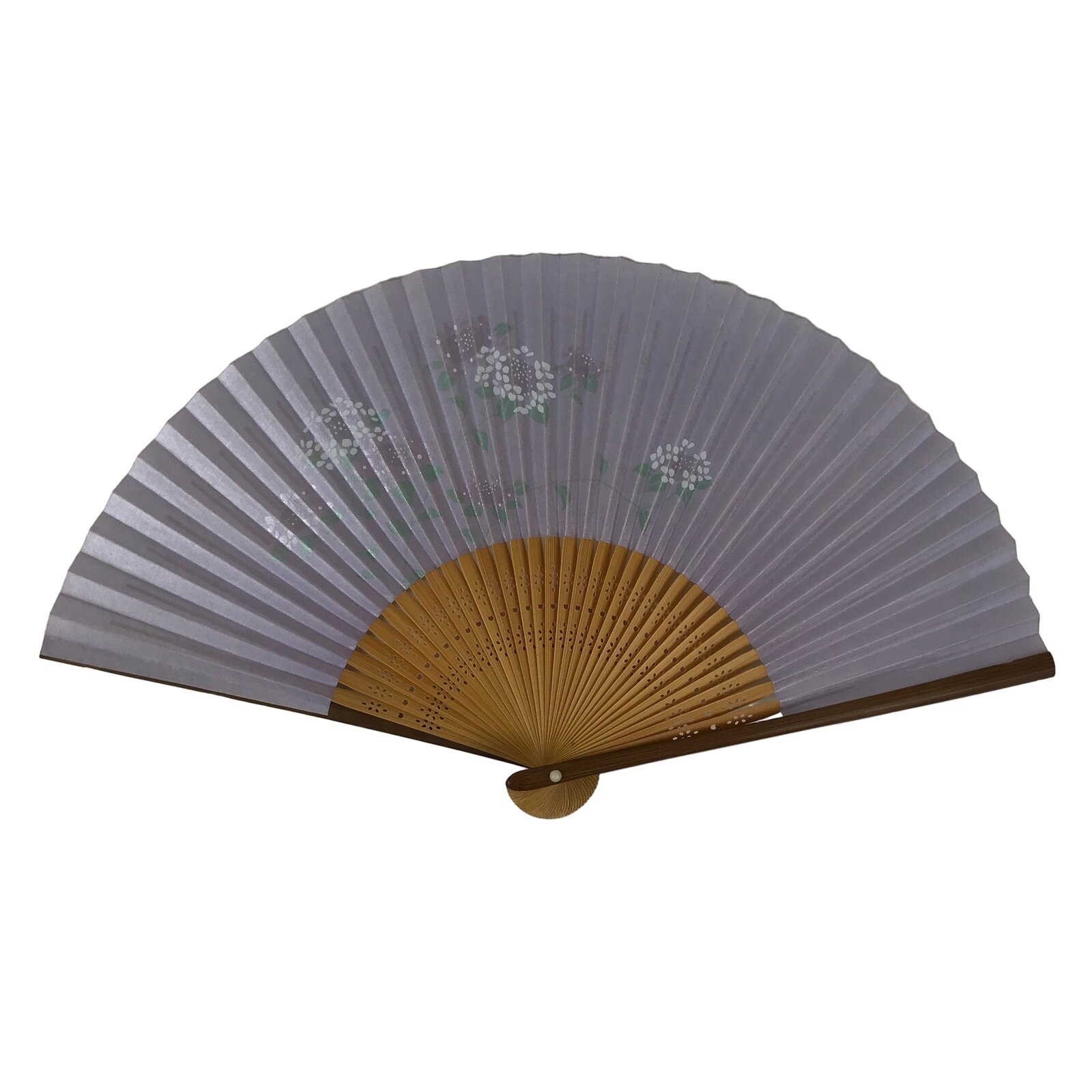 Japanese Paper Folding Fan Sensu Vtg Bamboo Frame Purple Hydrangea Flowers 4D974