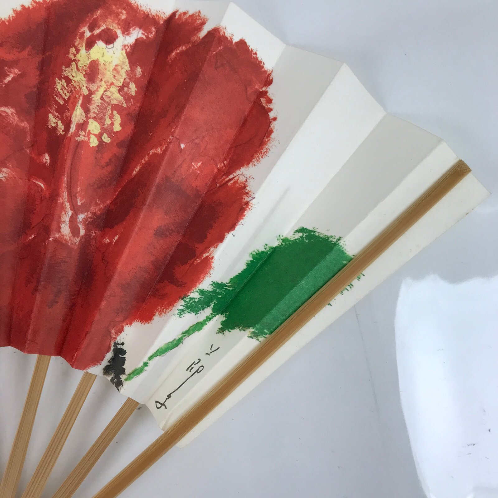 Japanese Paper Folding Fan Sensu Vtg Bamboo Frame Red Flower W/ Stand Box 4D870