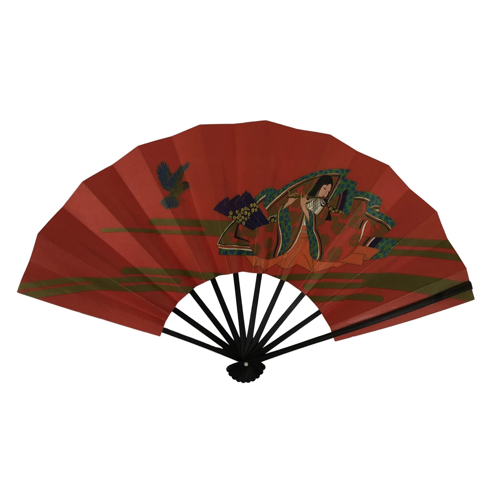 Japanese Paper Folding Fan Sensu Vtg Bamboo Frame Red Kimono Woman Flute 5D26