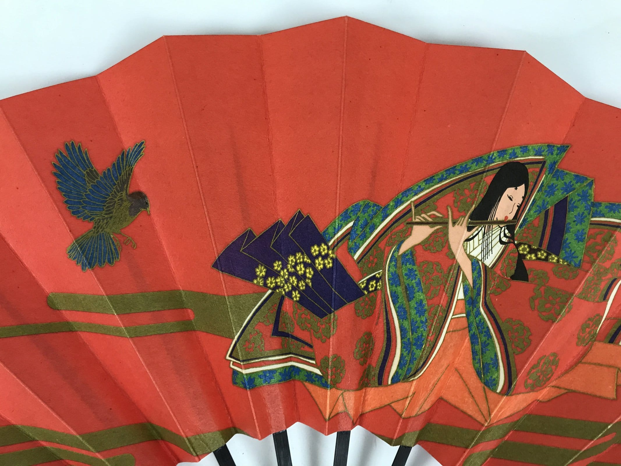 Japanese Paper Folding Fan Sensu Vtg Bamboo Frame Red Kimono Woman Flute 5D26