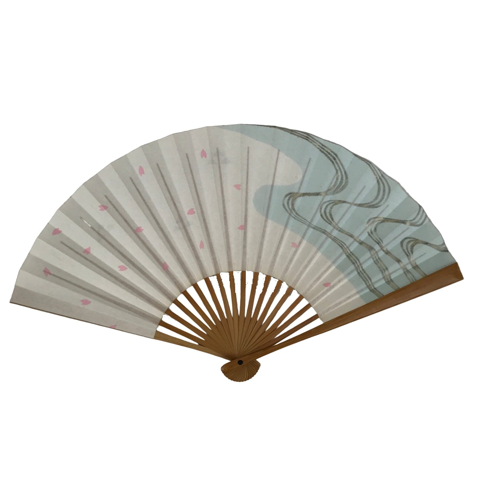 Japanese Paper Folding Fan Sensu Vtg Bamboo Frame Sakura Petal Water Wave 4D954