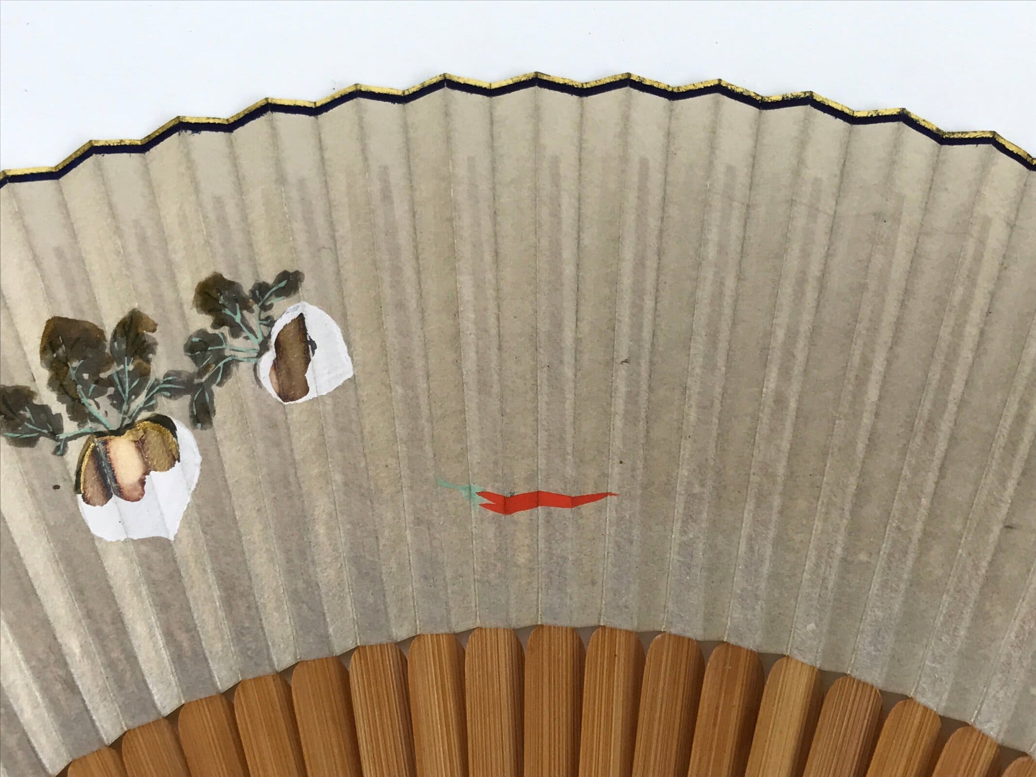 Japanese Paper Folding Fan Sensu Vtg Bamboo Frame Silver Turnips Pepper 4D912