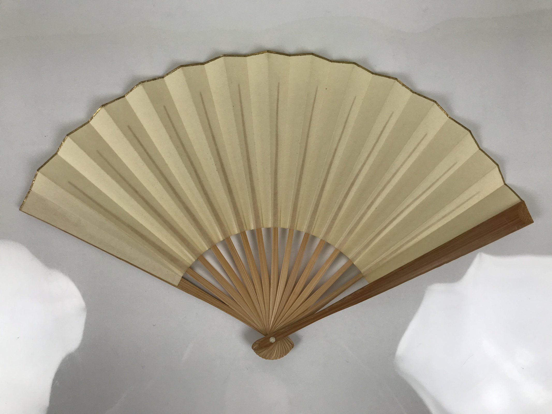Japanese Paper Folding Fan Sensu Vtg Bamboo Frame Simple Plain Blank Beige 5D9
