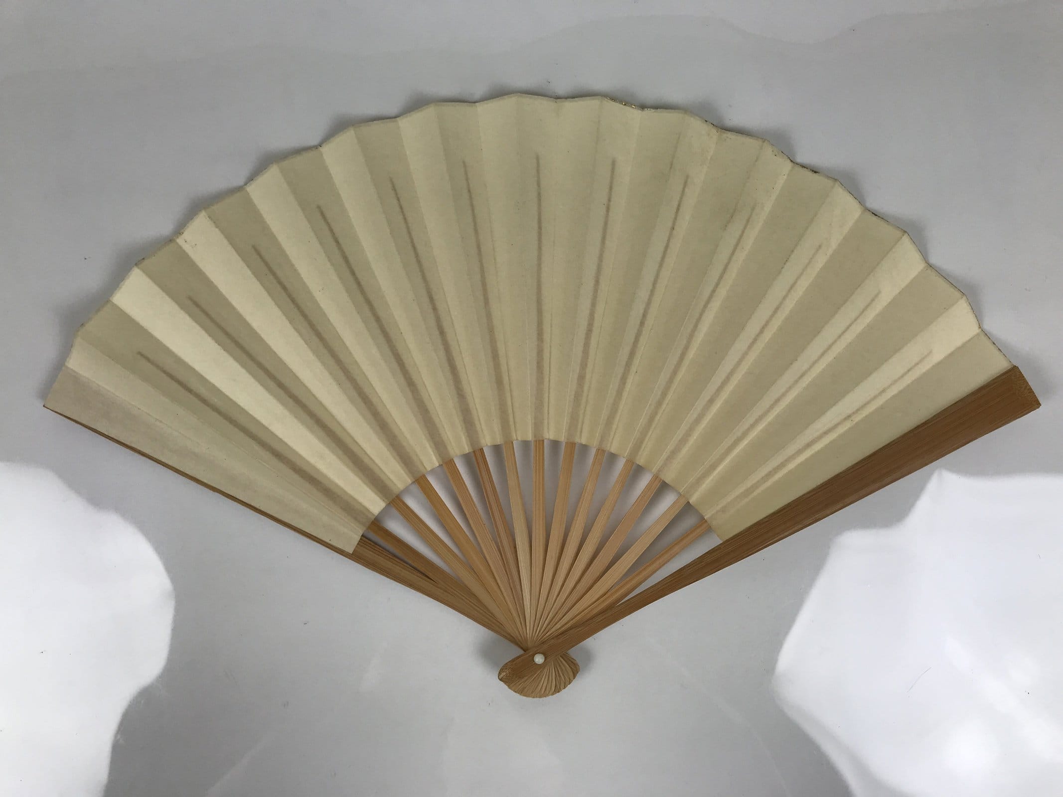 Japanese Paper Folding Fan Sensu Vtg Bamboo Frame Simple Plain Blank Beige 5D9