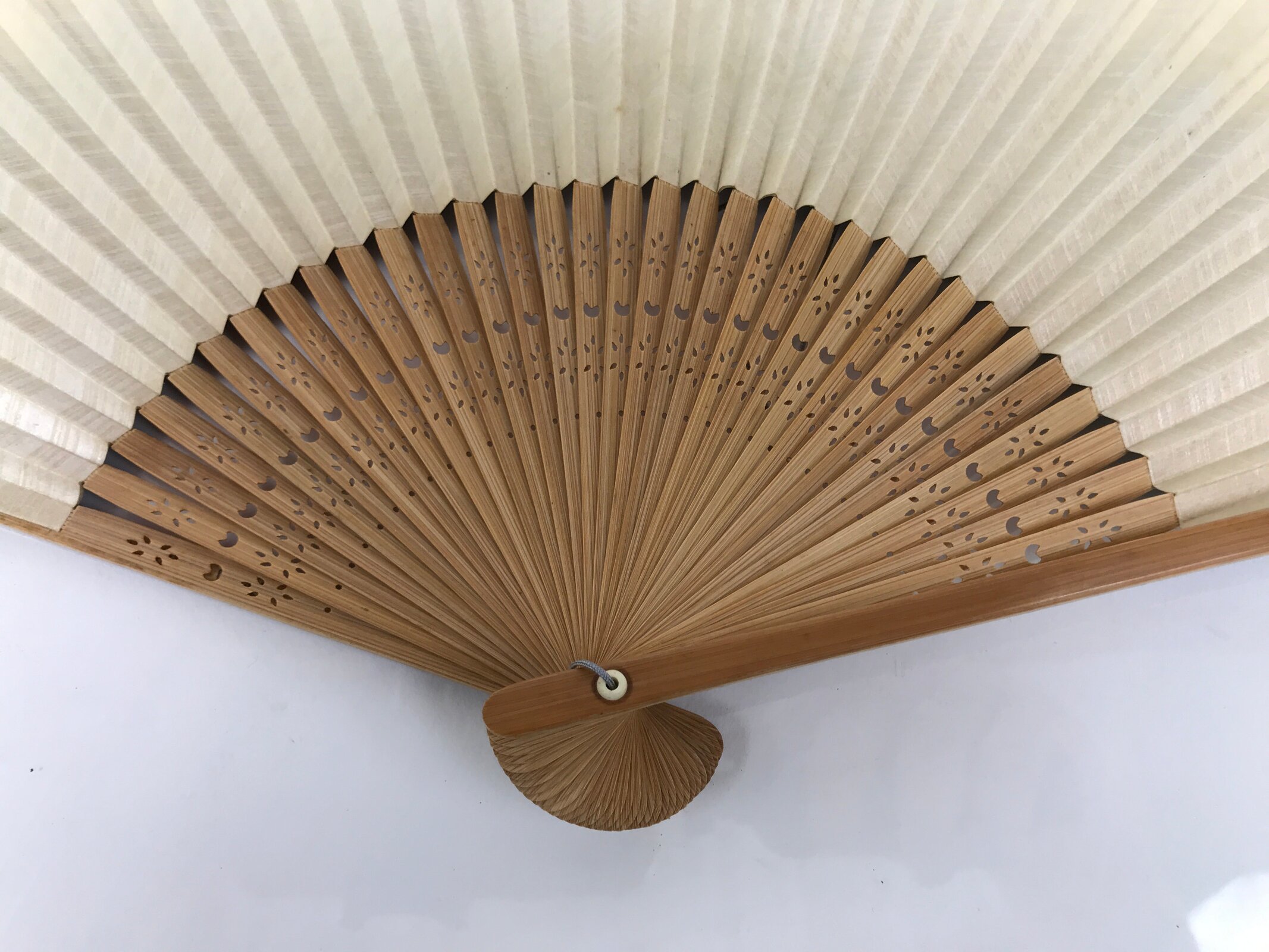 Japanese Paper Folding Fan Sensu Vtg Bamboo Frame Take Leaves Blue Beige 4D903
