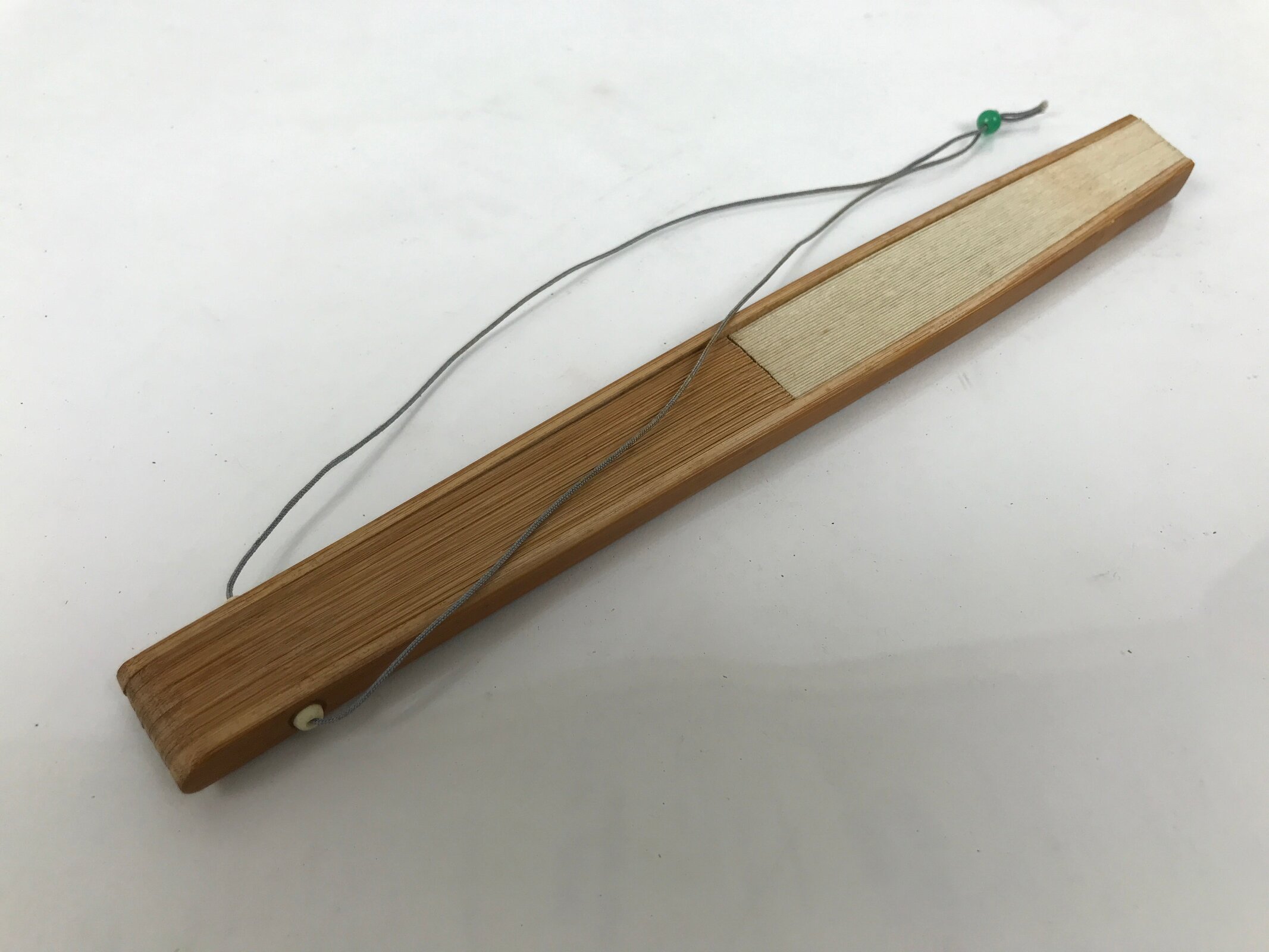 Japanese Paper Folding Fan Sensu Vtg Bamboo Frame Take Leaves Blue Beige 4D903