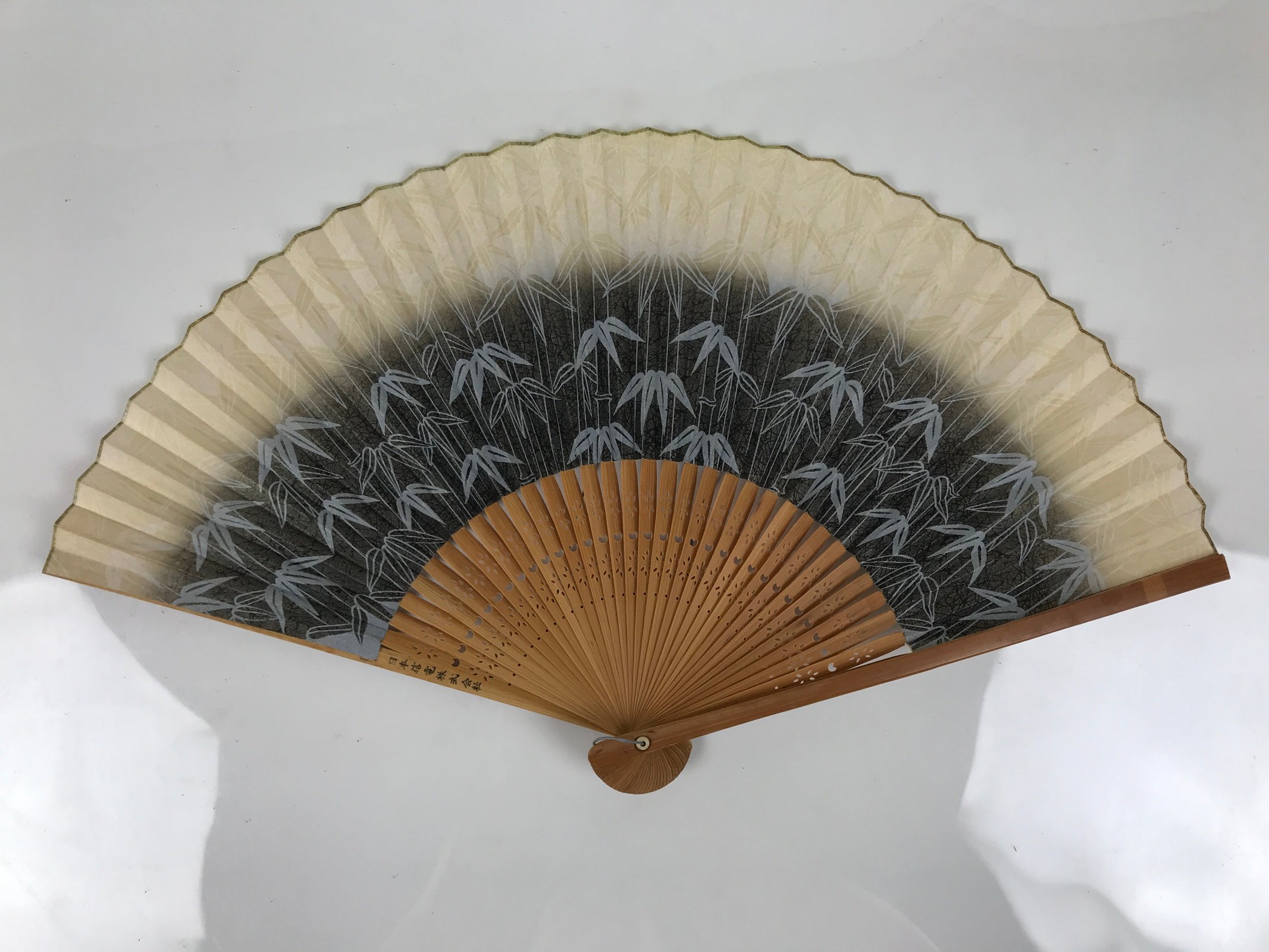 Japanese Paper Folding Fan Sensu Vtg Bamboo Frame Take Leaves Blue Beige 4D903