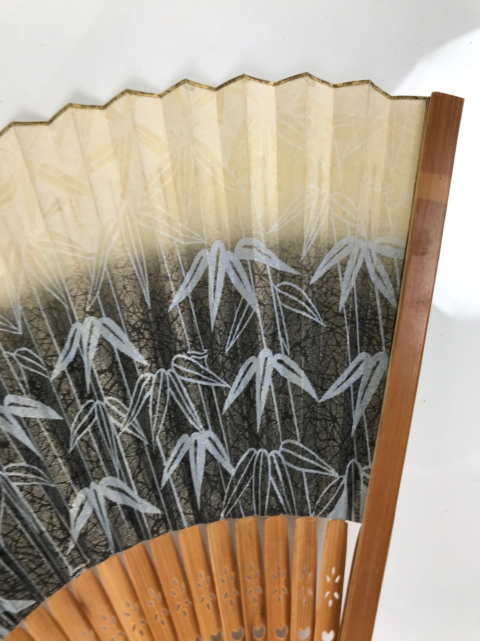 Japanese Paper Folding Fan Sensu Vtg Bamboo Frame Take Leaves Blue Beige 4D903
