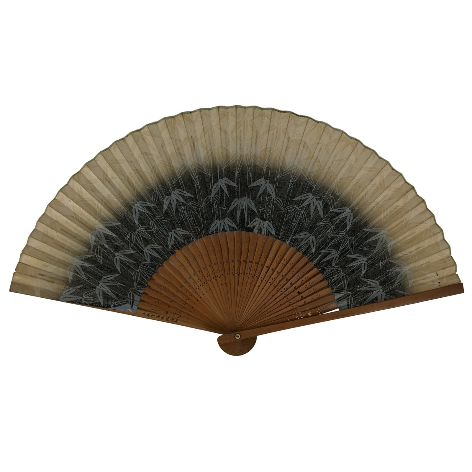 Japanese Paper Folding Fan Sensu Vtg Bamboo Frame Take Leaves Blue Beige 4D913