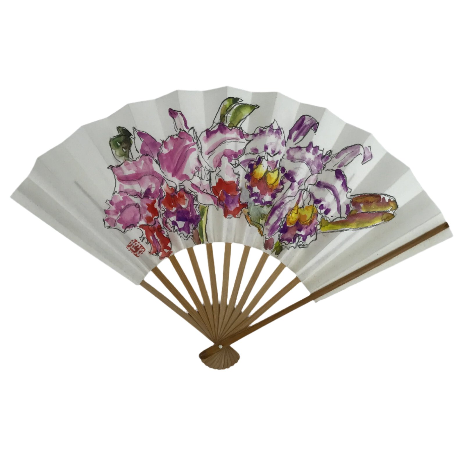 Japanese Paper Folding Fan Sensu Vtg Bamboo Frame Watercolor Flower Purple 4D868