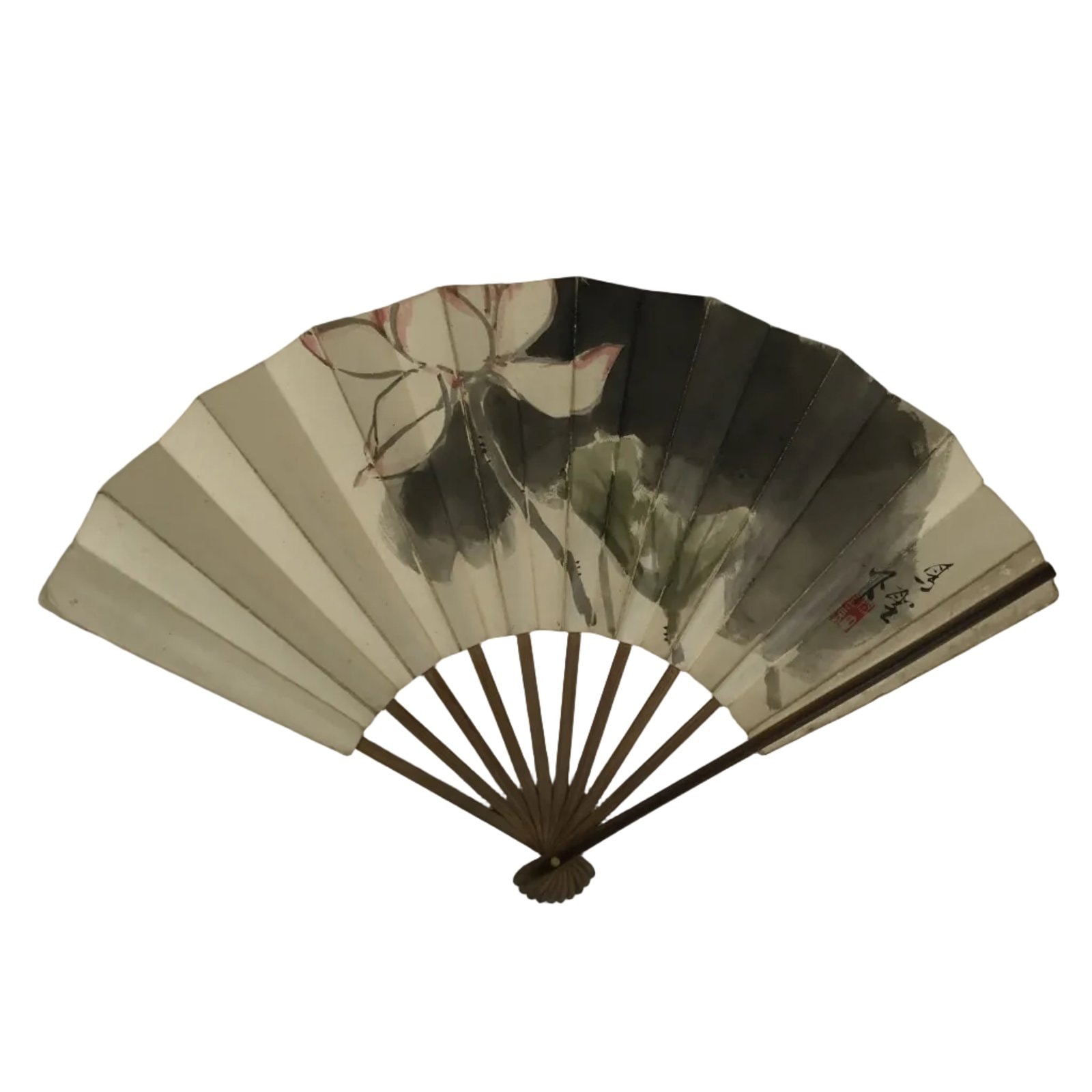 Japanese Paper Folding Fan Sensu Vtg Bamboo Frame White Flower Mountain 5D30
