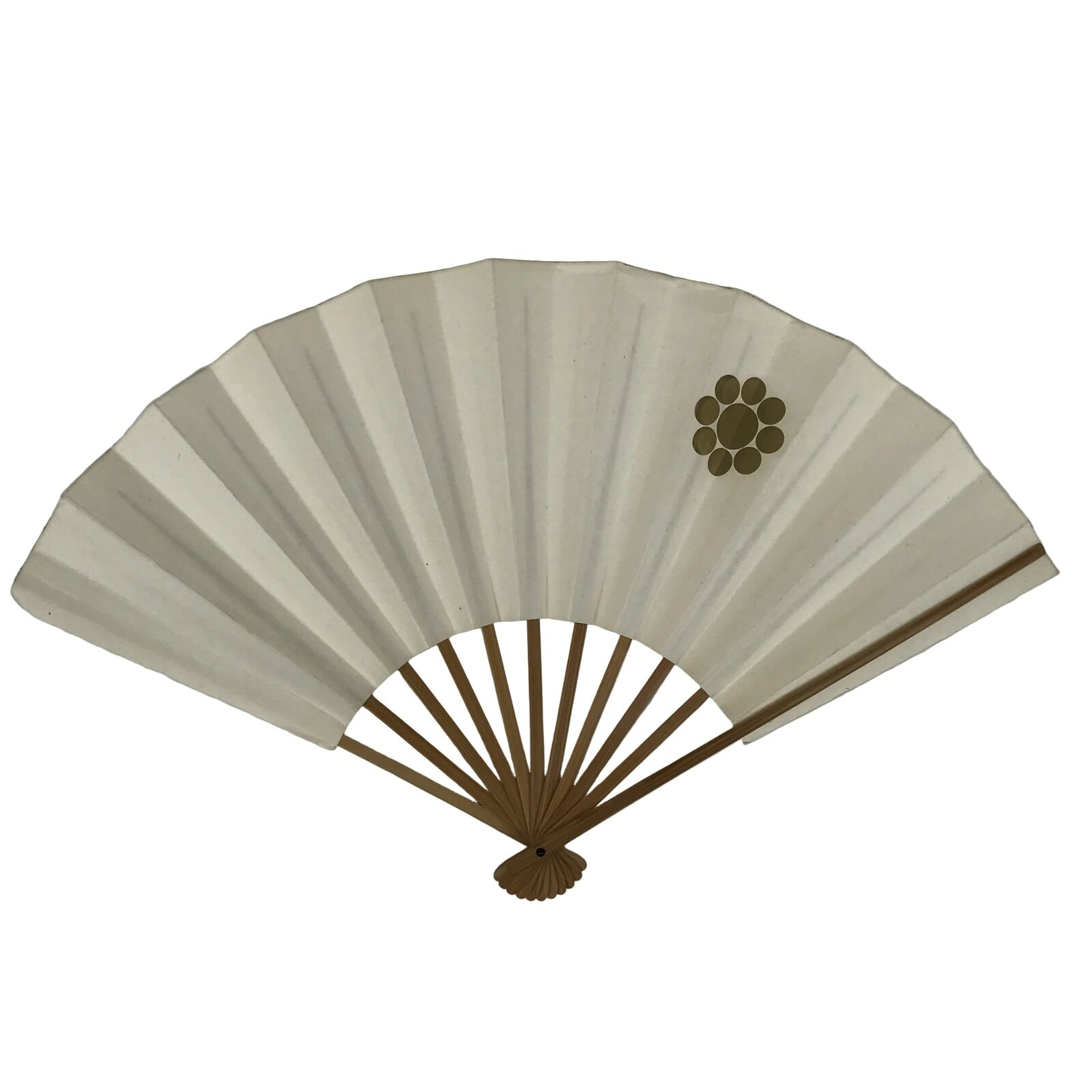 Japanese Paper Folding Fan Sensu Vtg Bamboo Frame White Gold Kamon Crest 5D18