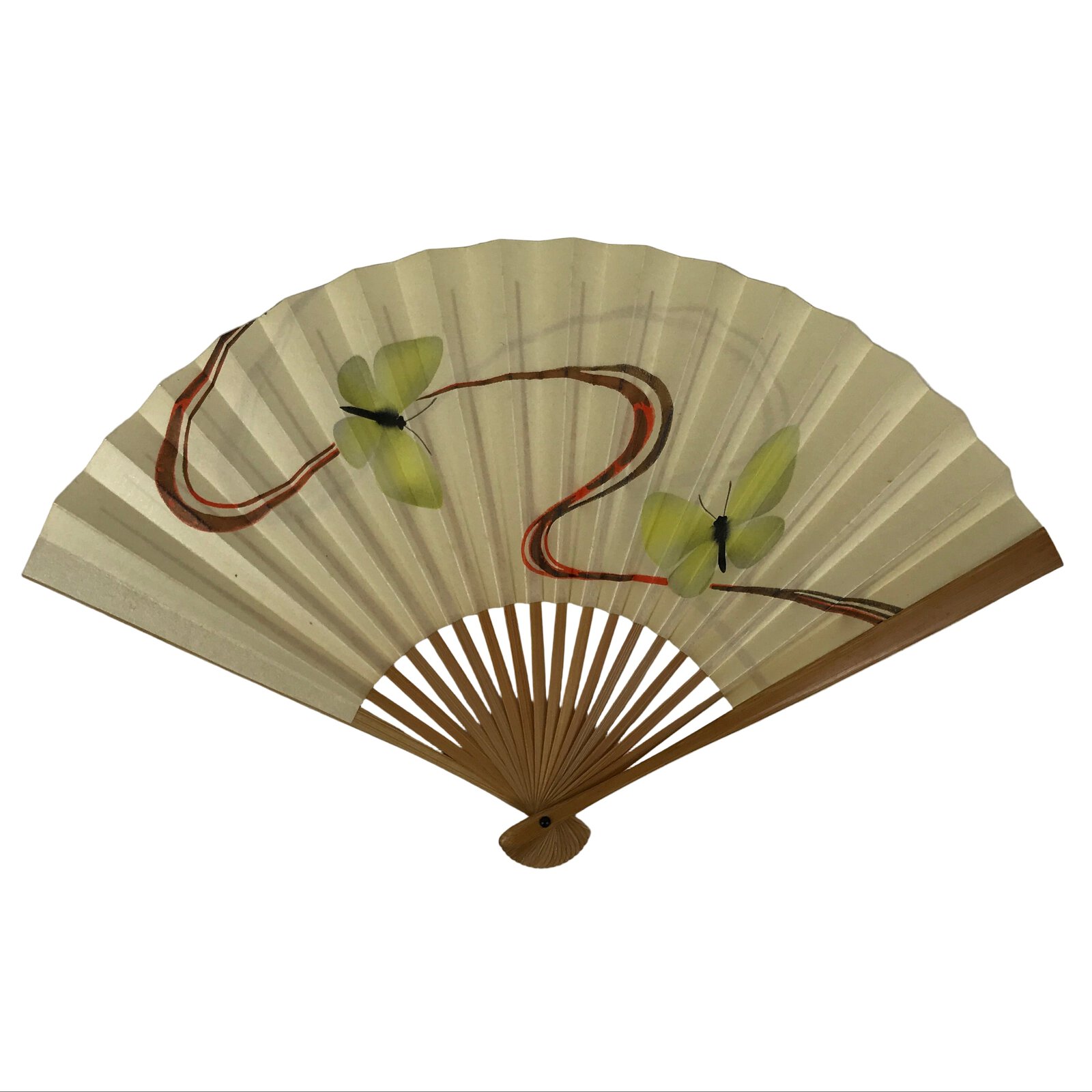 Japanese Paper Folding Fan Sensu Vtg Bamboo Frame Yellow Butterflies Beige 4D955