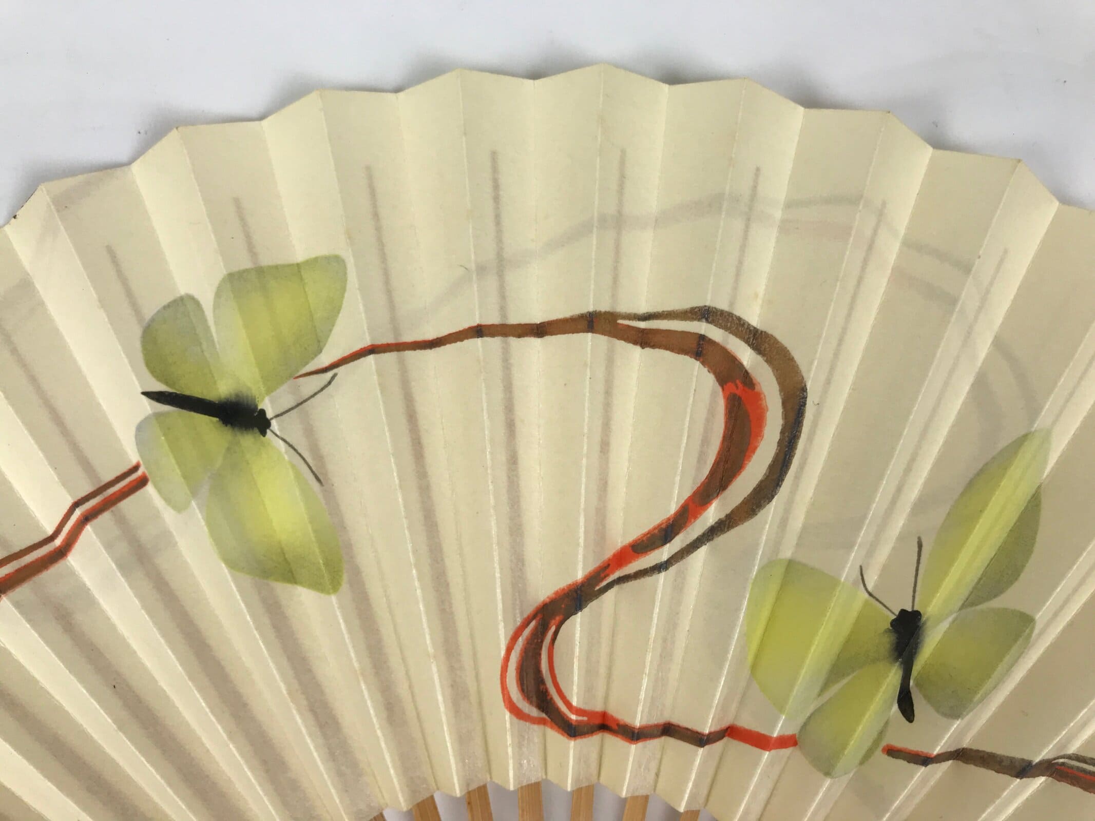 Japanese Paper Folding Fan Sensu Vtg Bamboo Frame Yellow Butterflies Beige 4D955