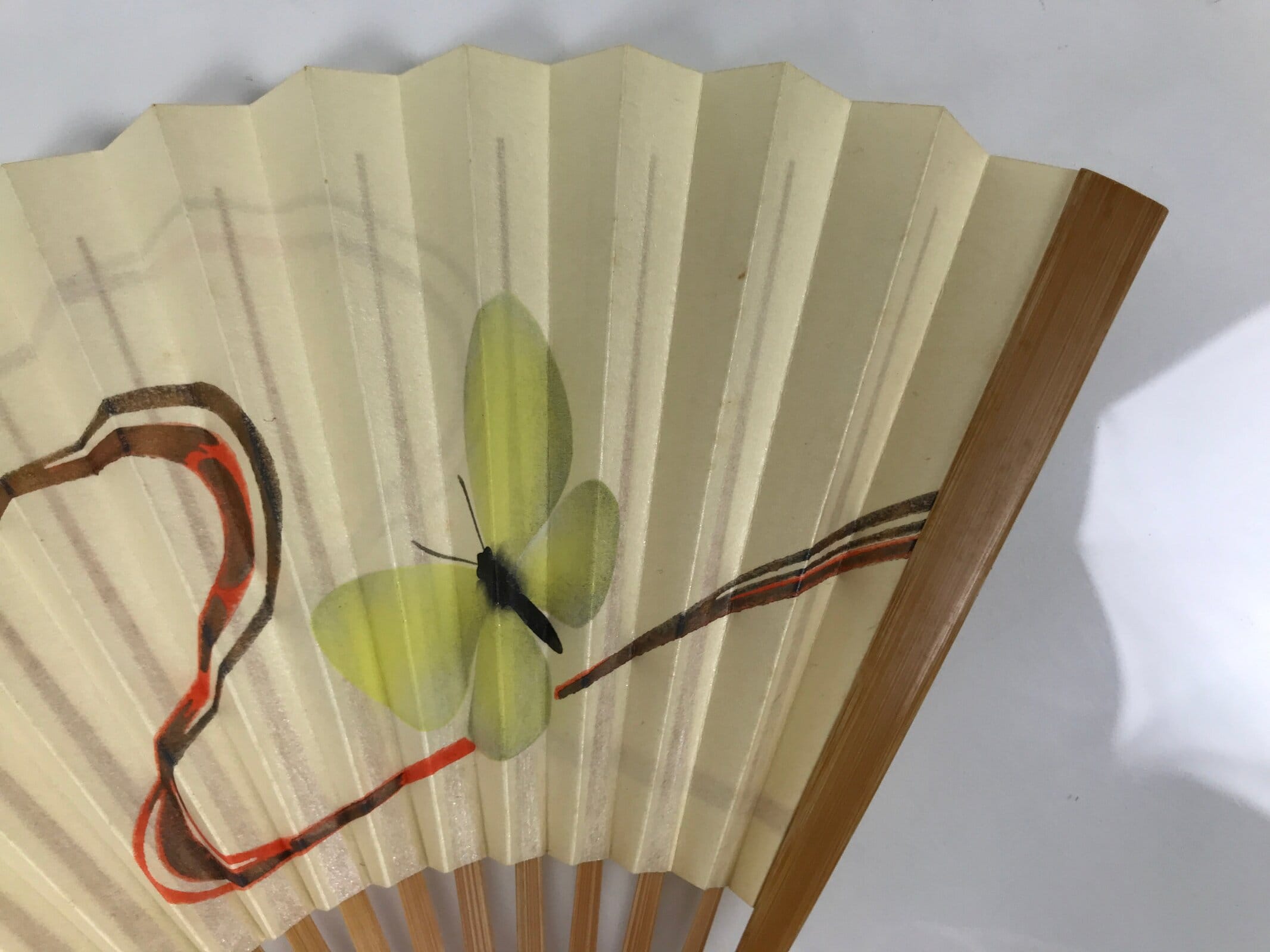 Japanese Paper Folding Fan Sensu Vtg Bamboo Frame Yellow Butterflies Beige 4D955