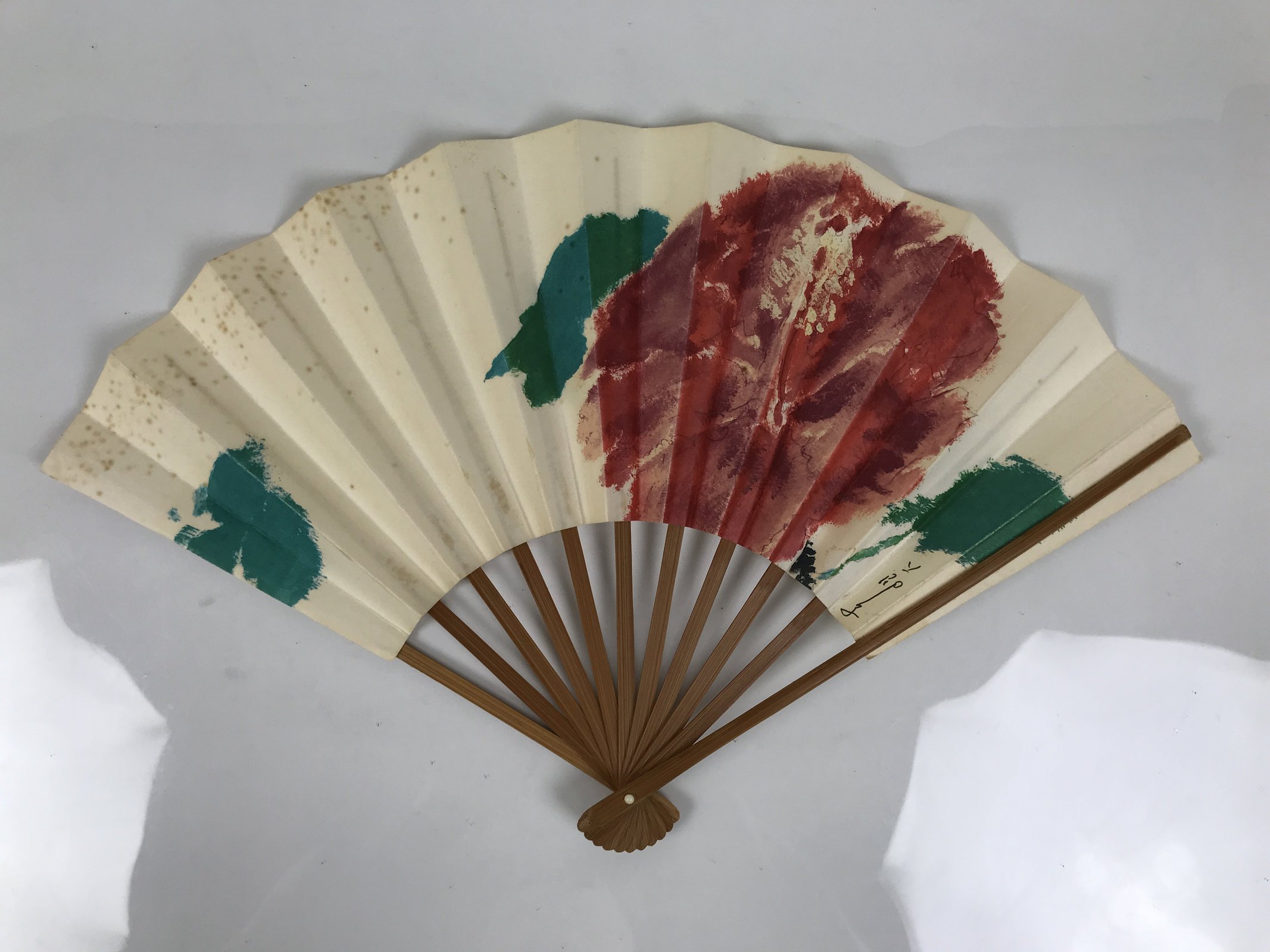 Japanese Paper Folding Fan Sensu Vtg Flower Red Green Bamboo Frame 4D992